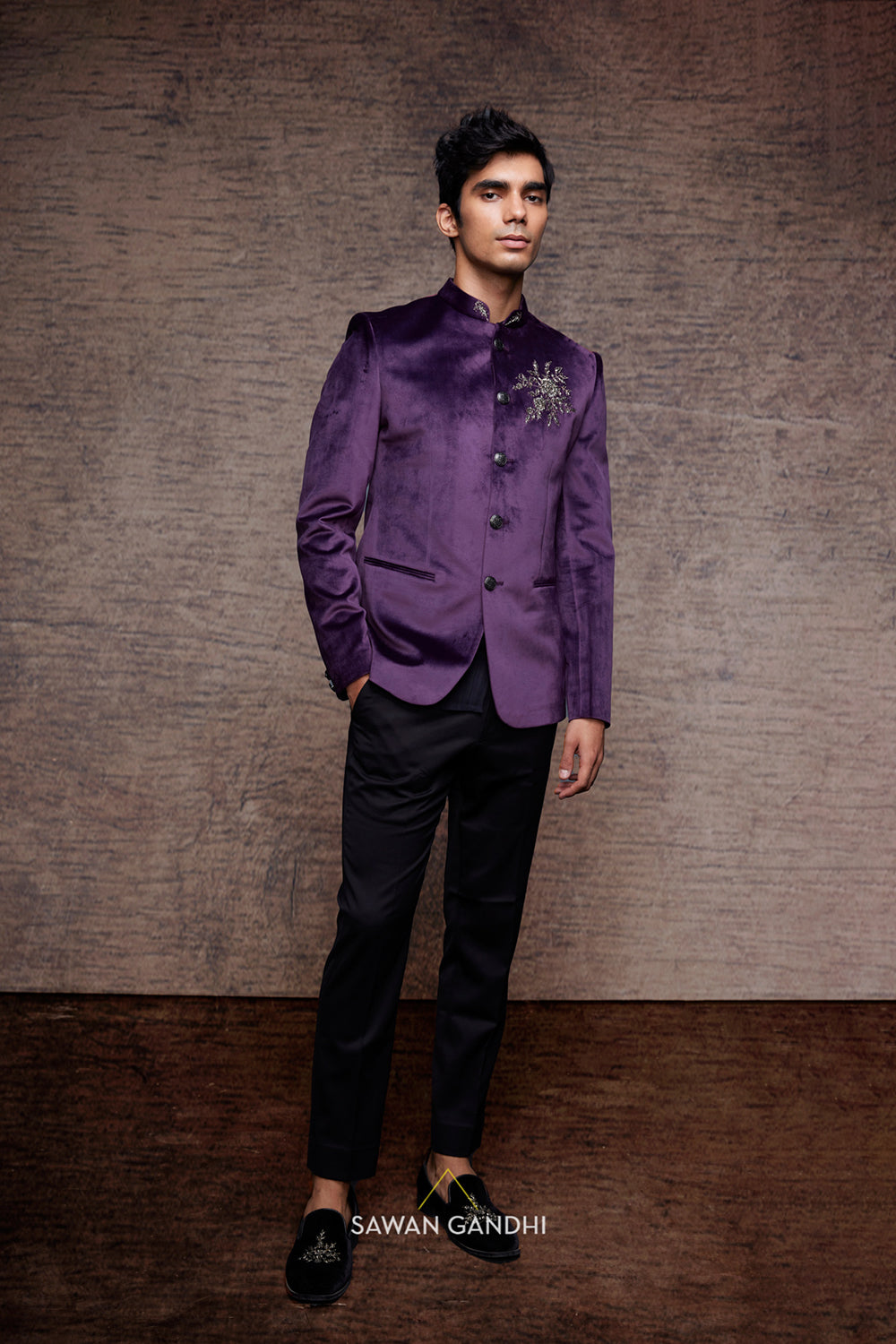 Purple bandhgala with cutdana work