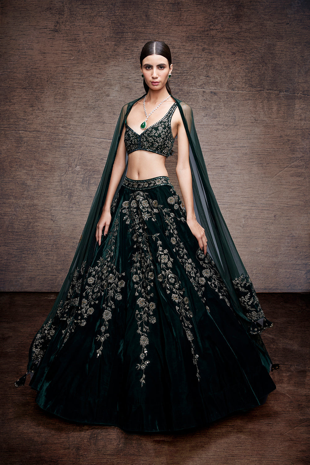 Bottle green cutdana work lehenga