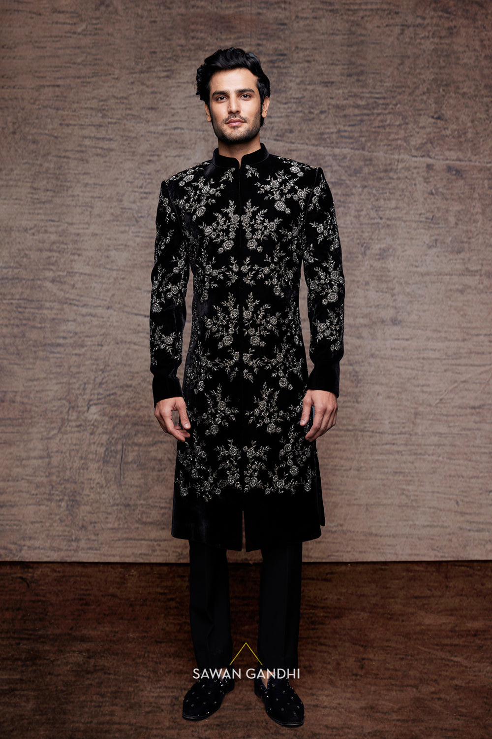 Black velvet sherwani with cutdana work