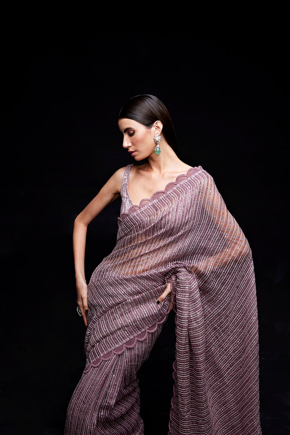 Old rose pink sequin work saree