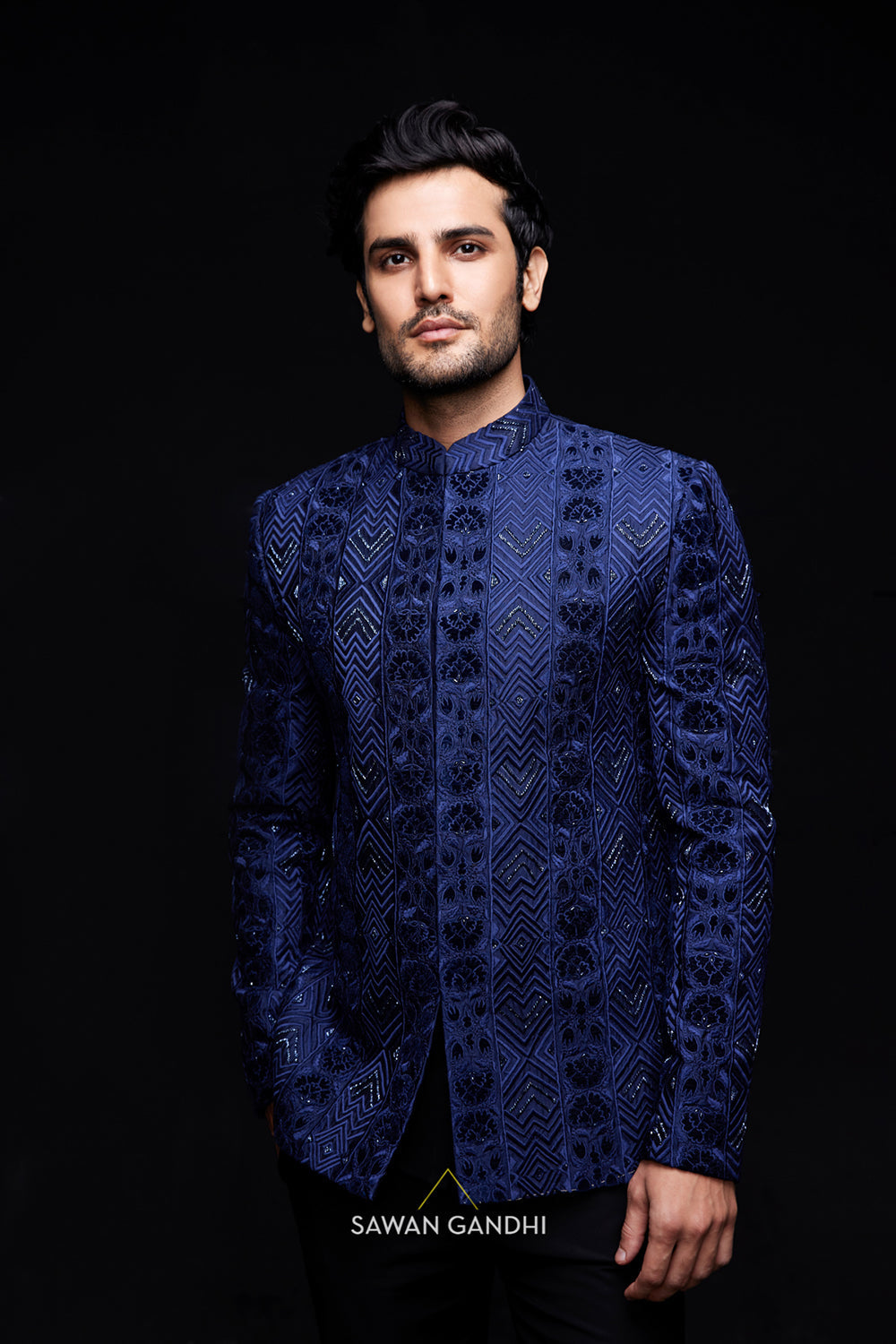 Blue bandhgala with thread and applique work