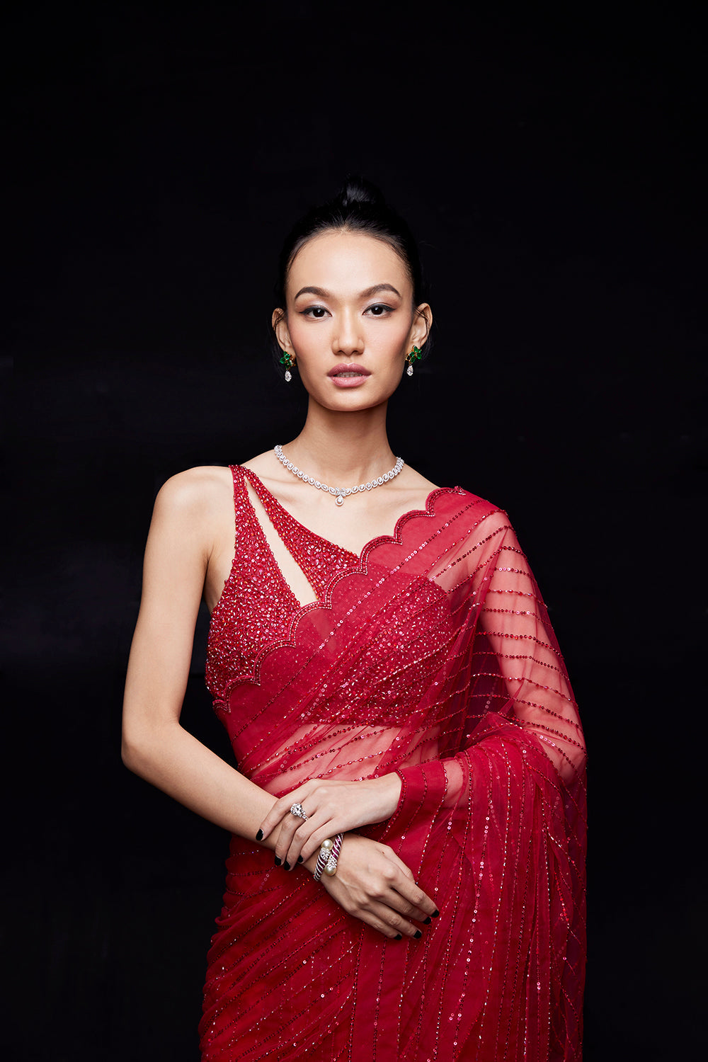 Red saree with crystal work