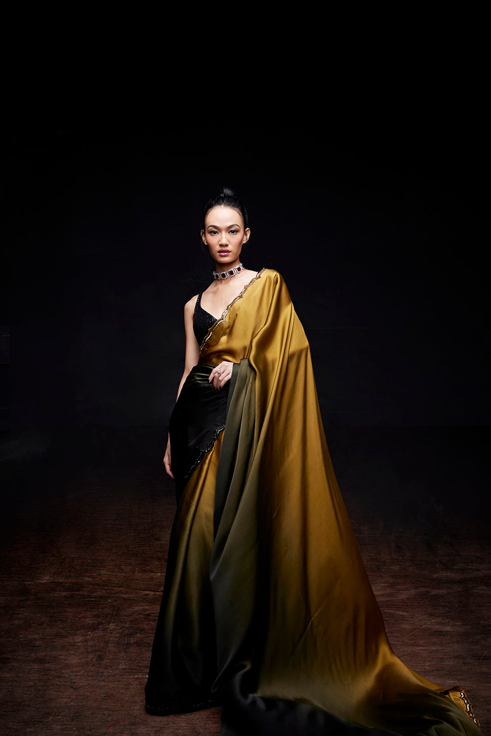 Mustard black ombre saree