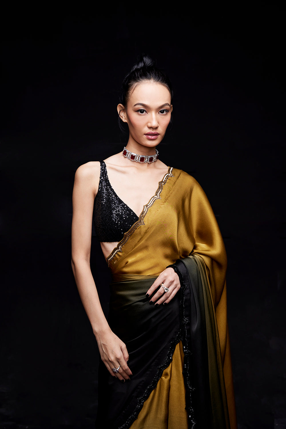 Mustard black ombre saree