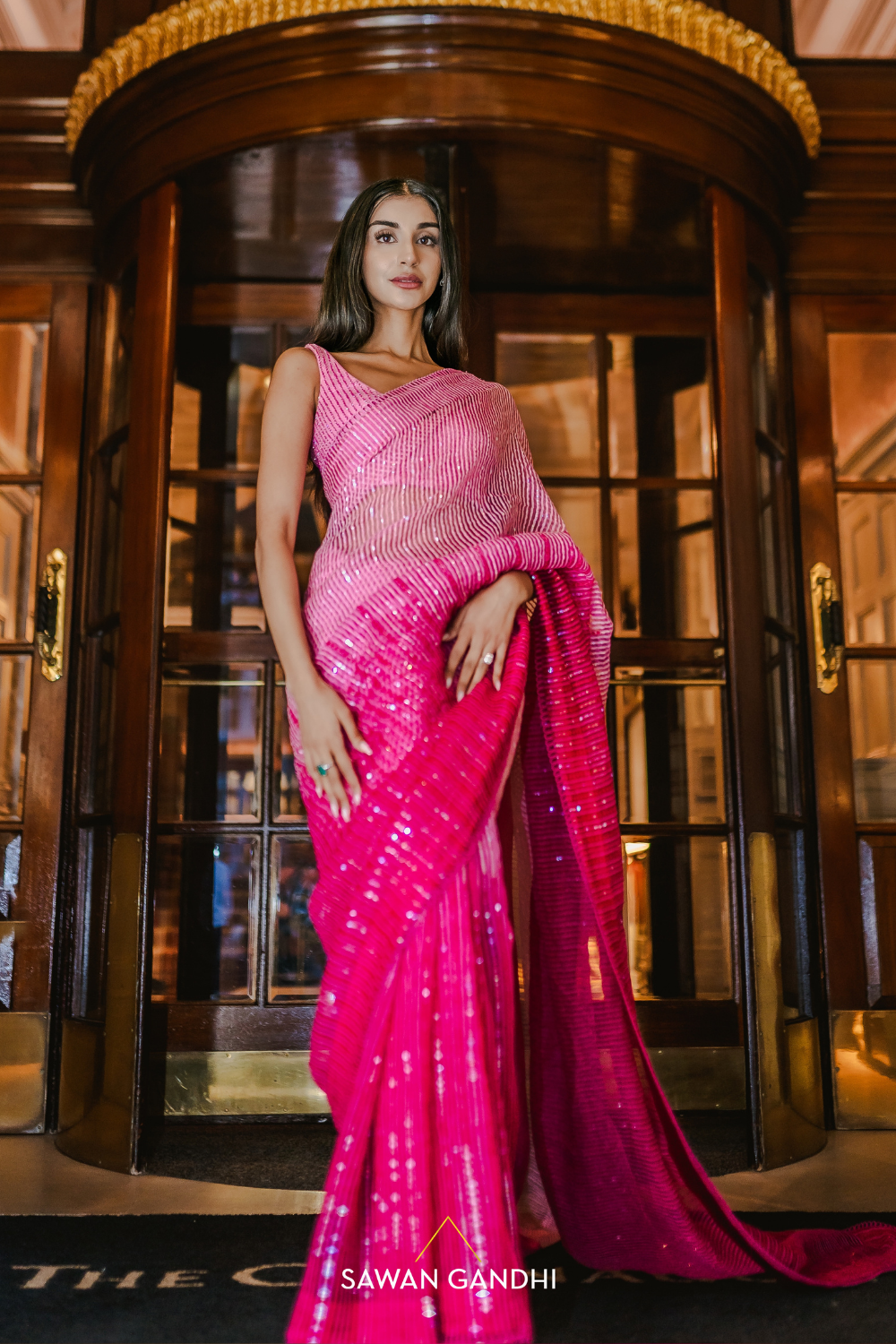 Fuchsia pink ombré organza saree