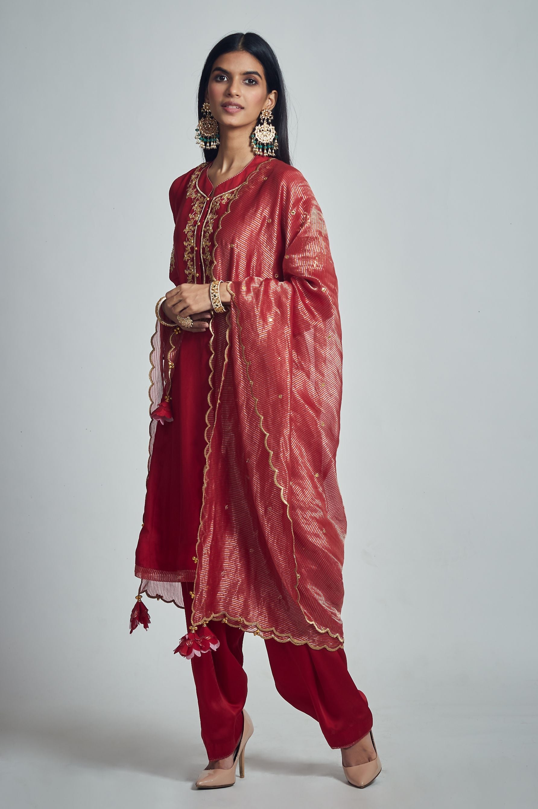 Nazish- Deep red Habutai silk Gota patti embroidered kurta with salwar and dupatta