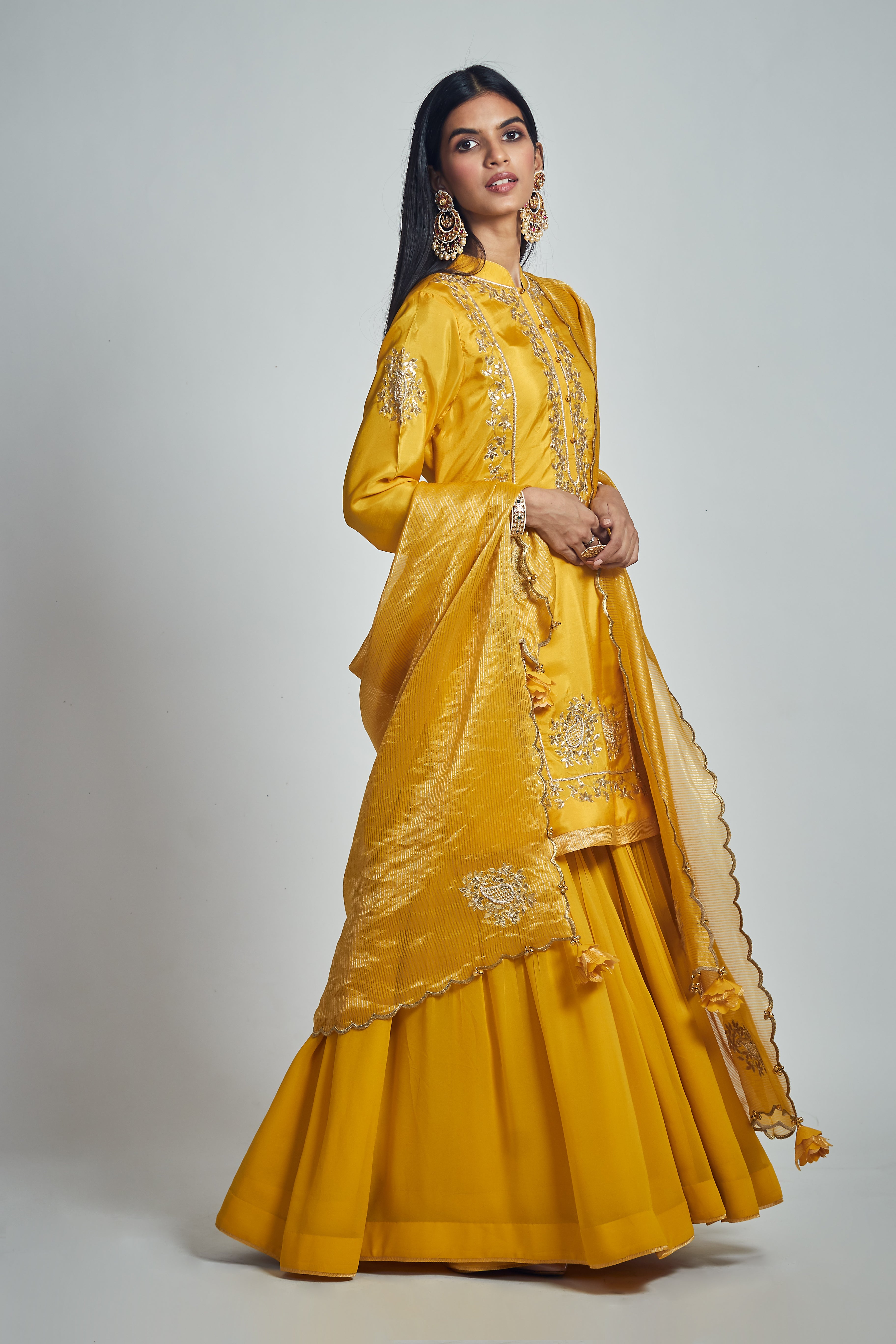 Nasira- Happy Yellow Habutai silk Gota patti embroidered kurta with garara and dupatta