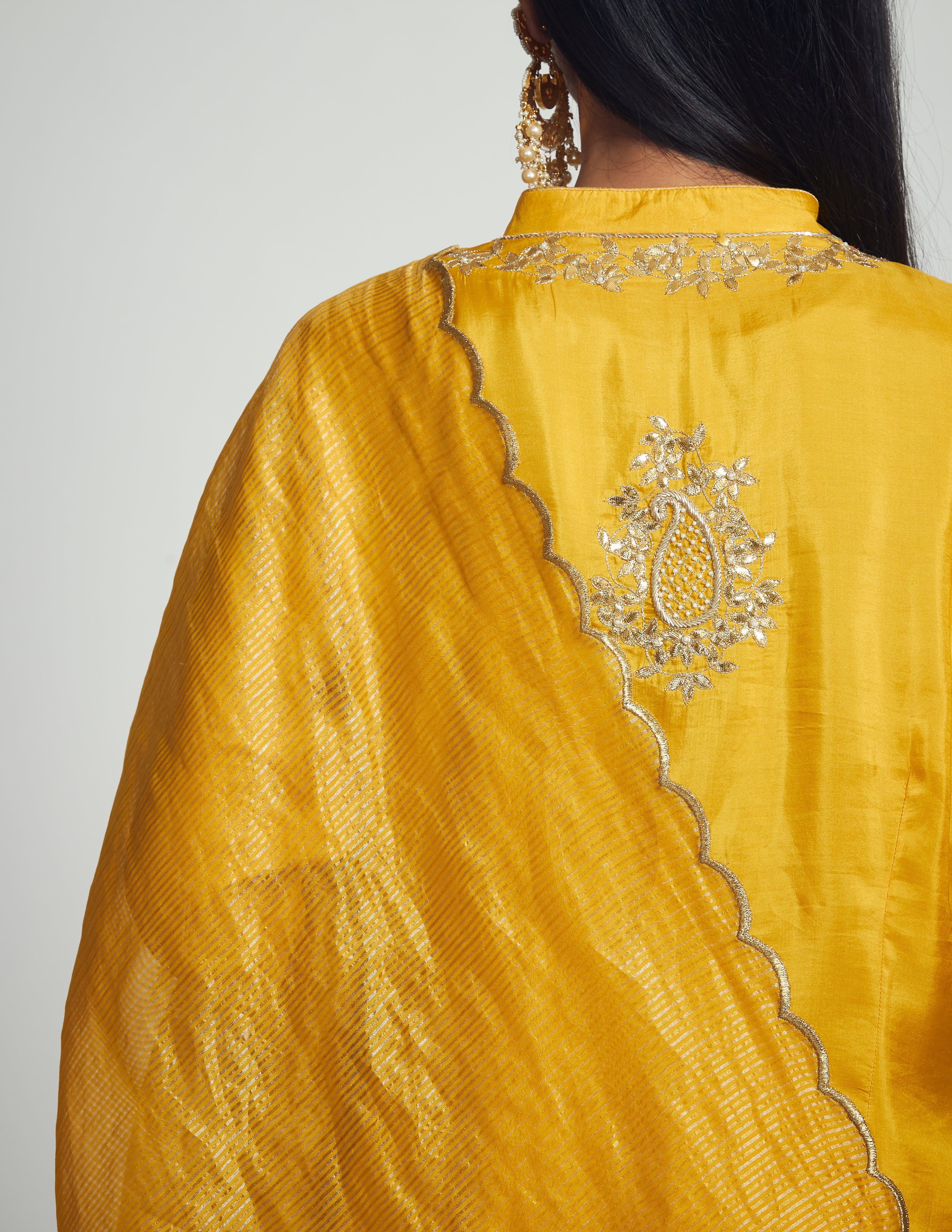 Nasira- Happy Yellow Habutai silk Gota patti embroidered kurta with garara and dupatta
