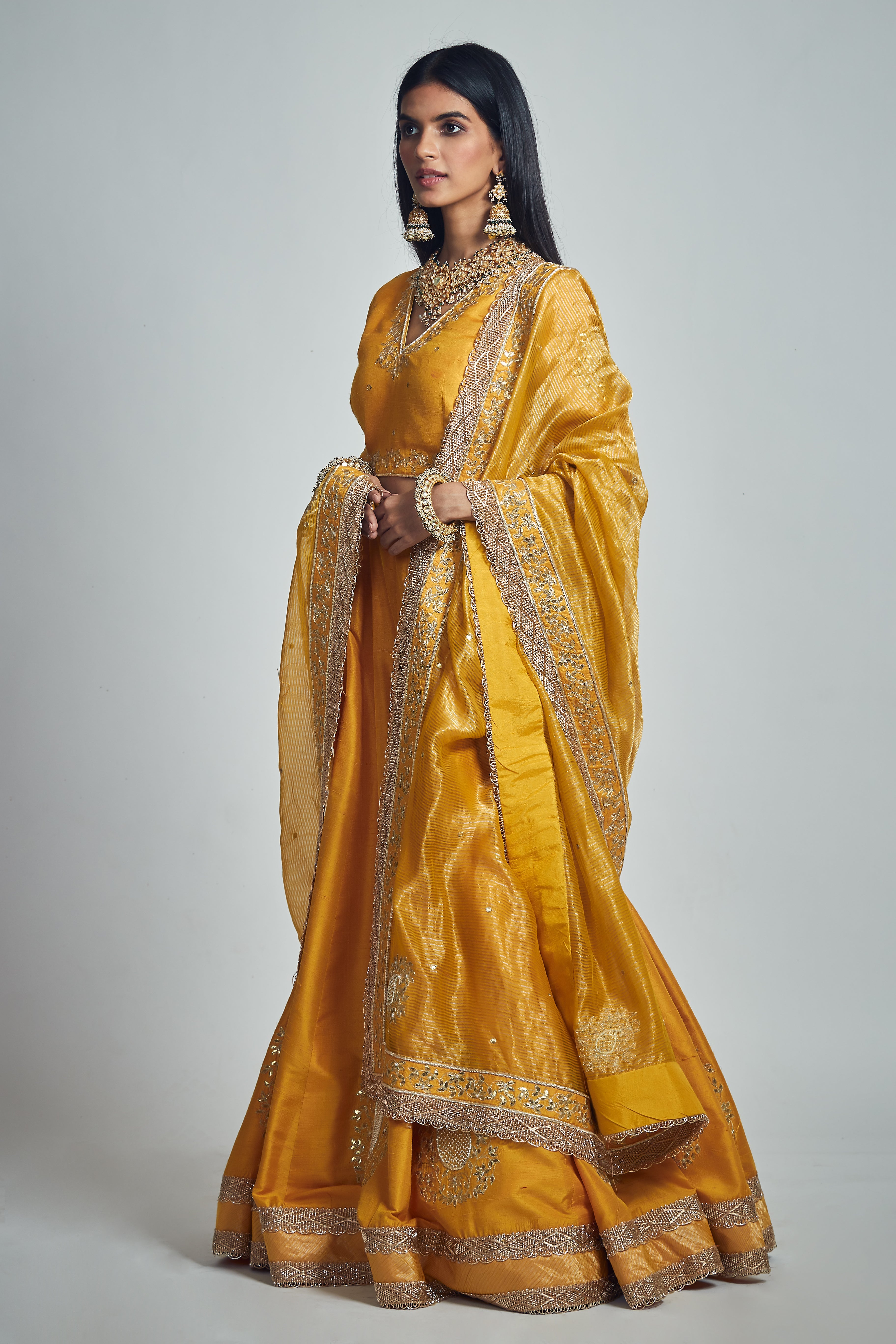 Razaana- Happy mustard Gota patti embroidered lehenga with blouse and dupatta
