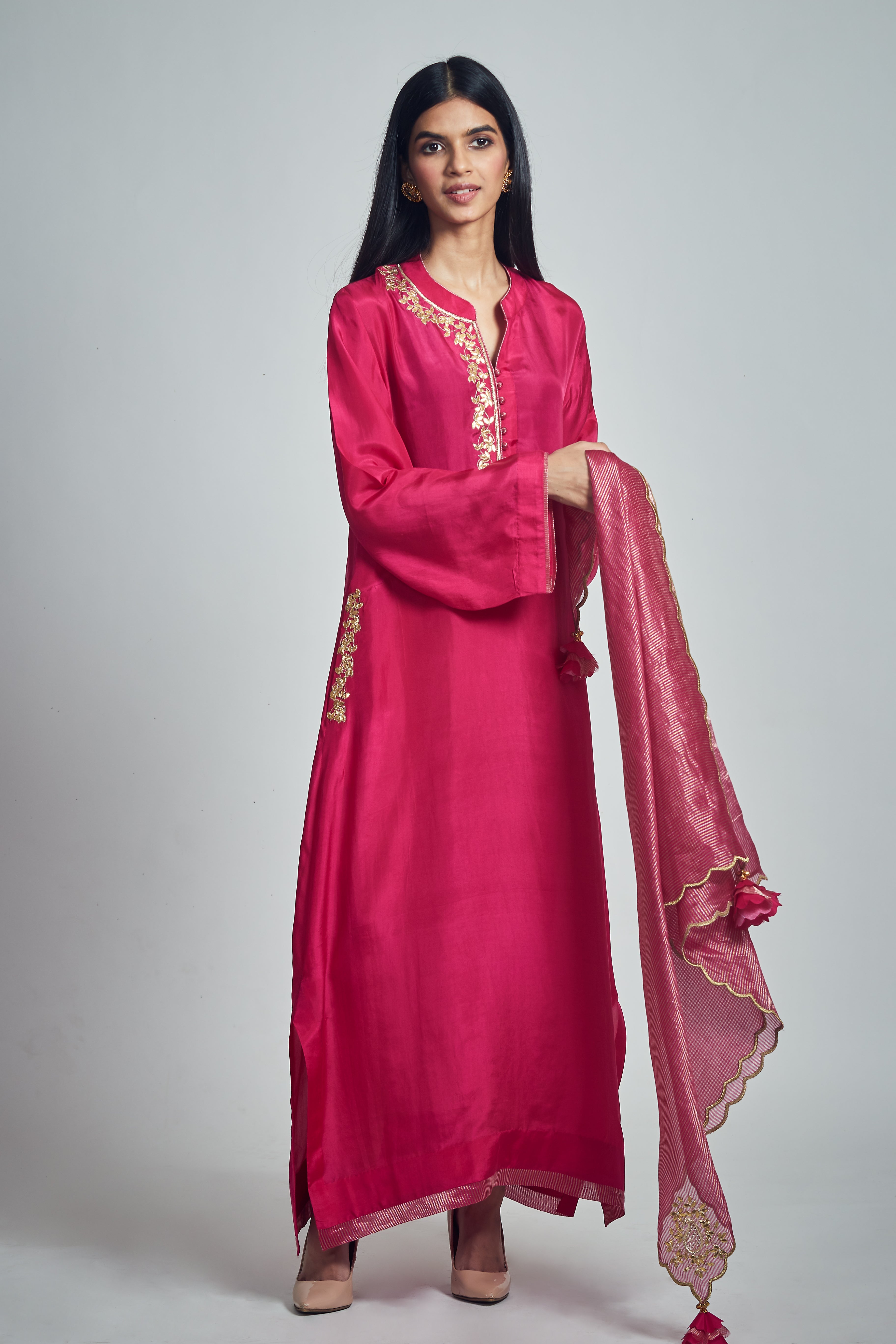 Nyasia- Pink Habutai silk Gota patti embroidered Choga