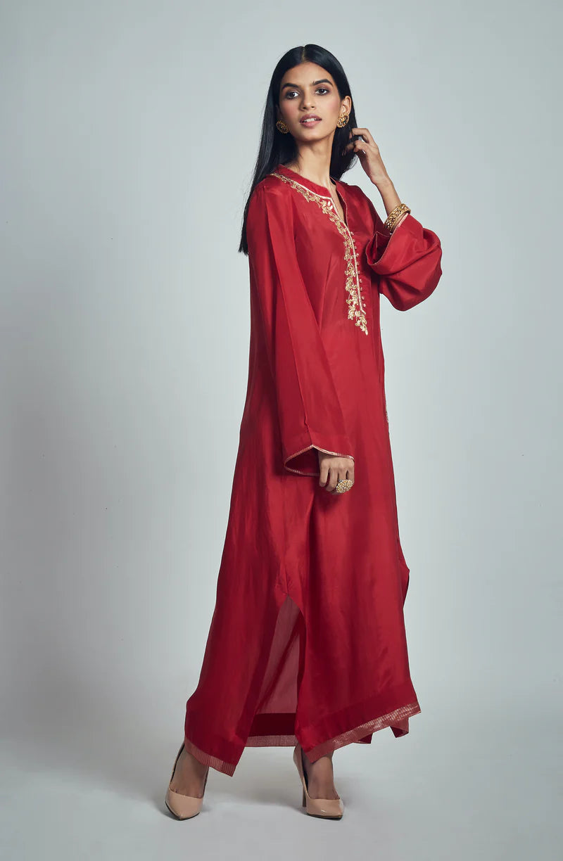 Nyasia- Red Habutai silk Gota patti embroidered Choga (LXRTS)
