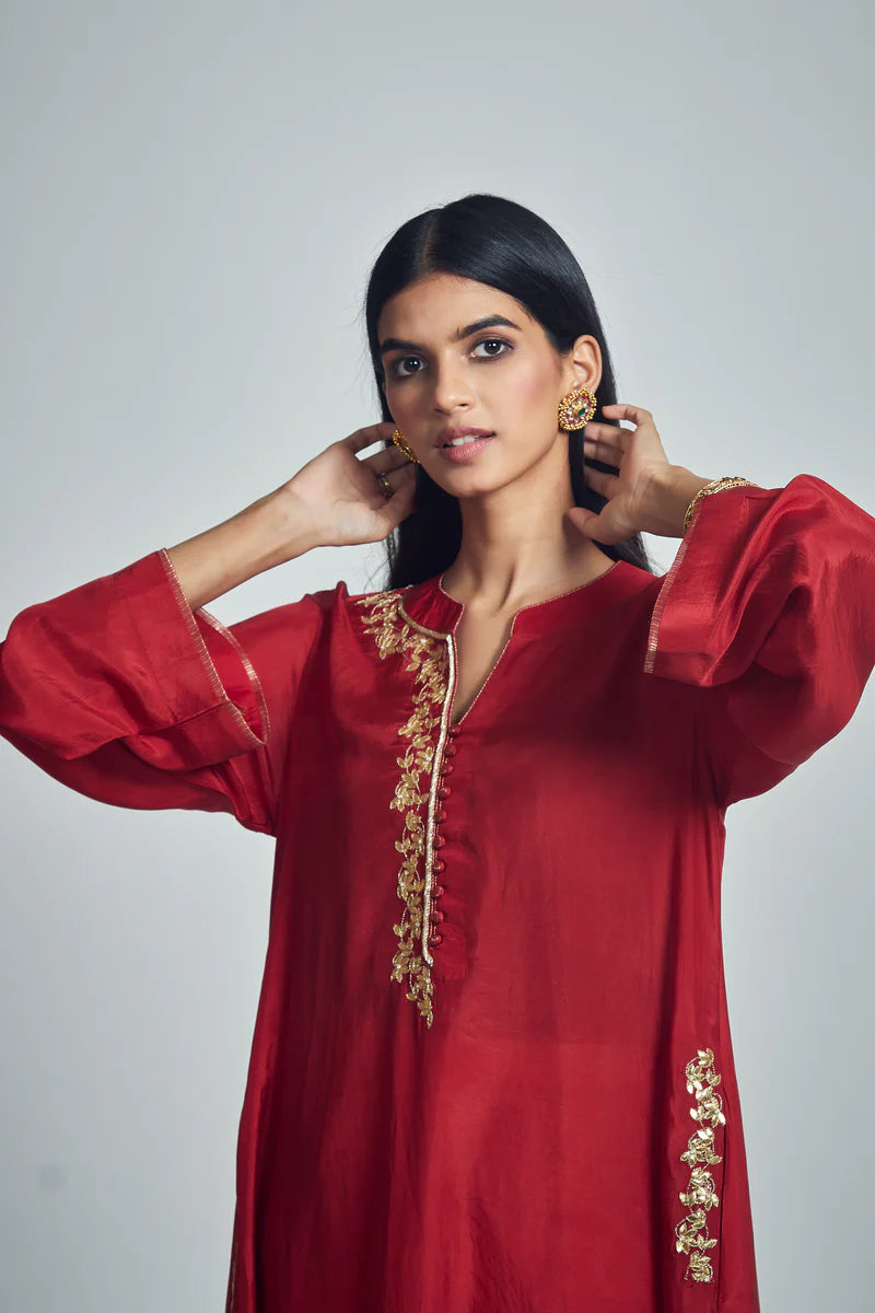 Nyasia- Red Habutai silk Gota patti embroidered Choga (LXRTS)