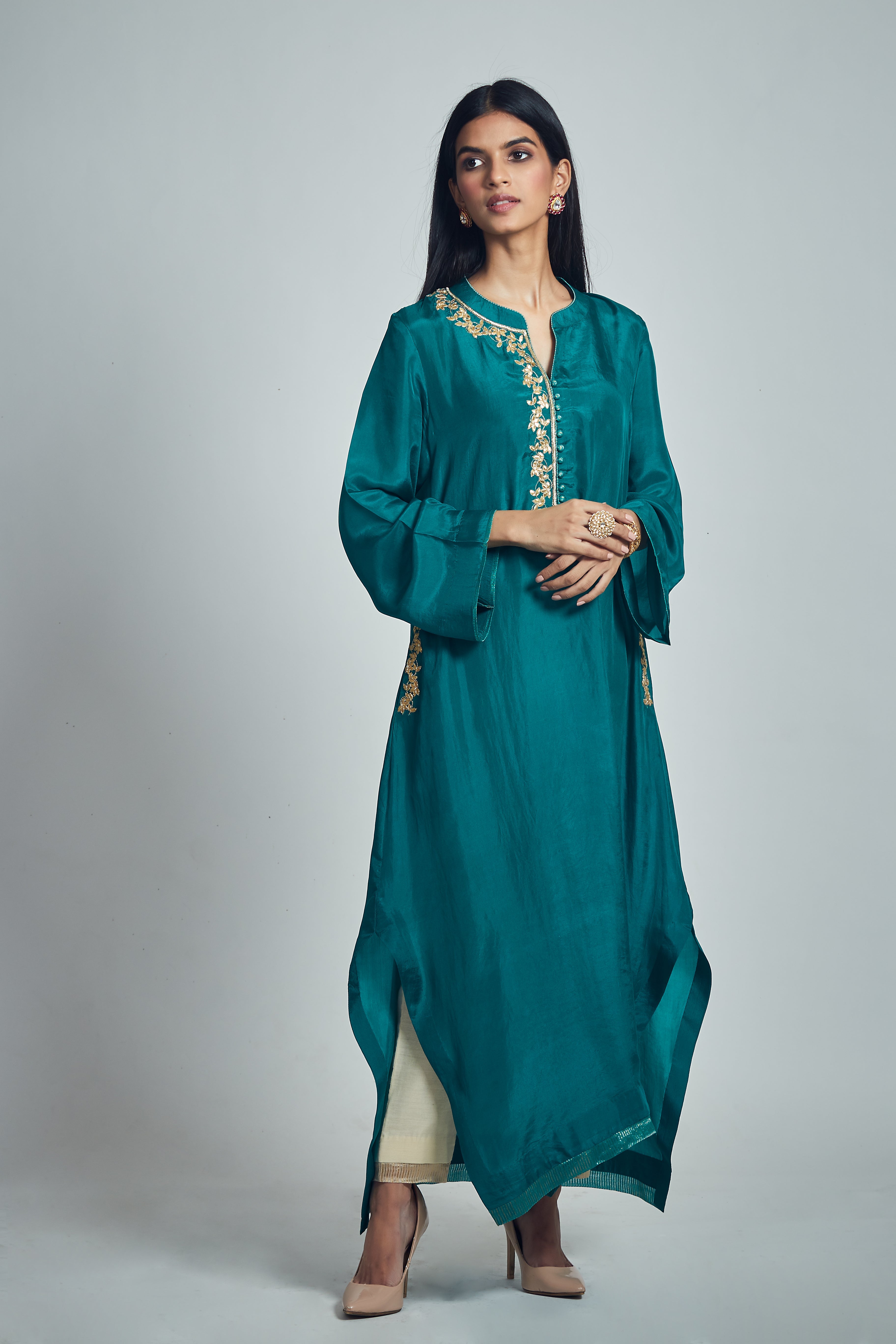 Nyasia- Emerald green Habutai silk Gota Patti embroidered choga