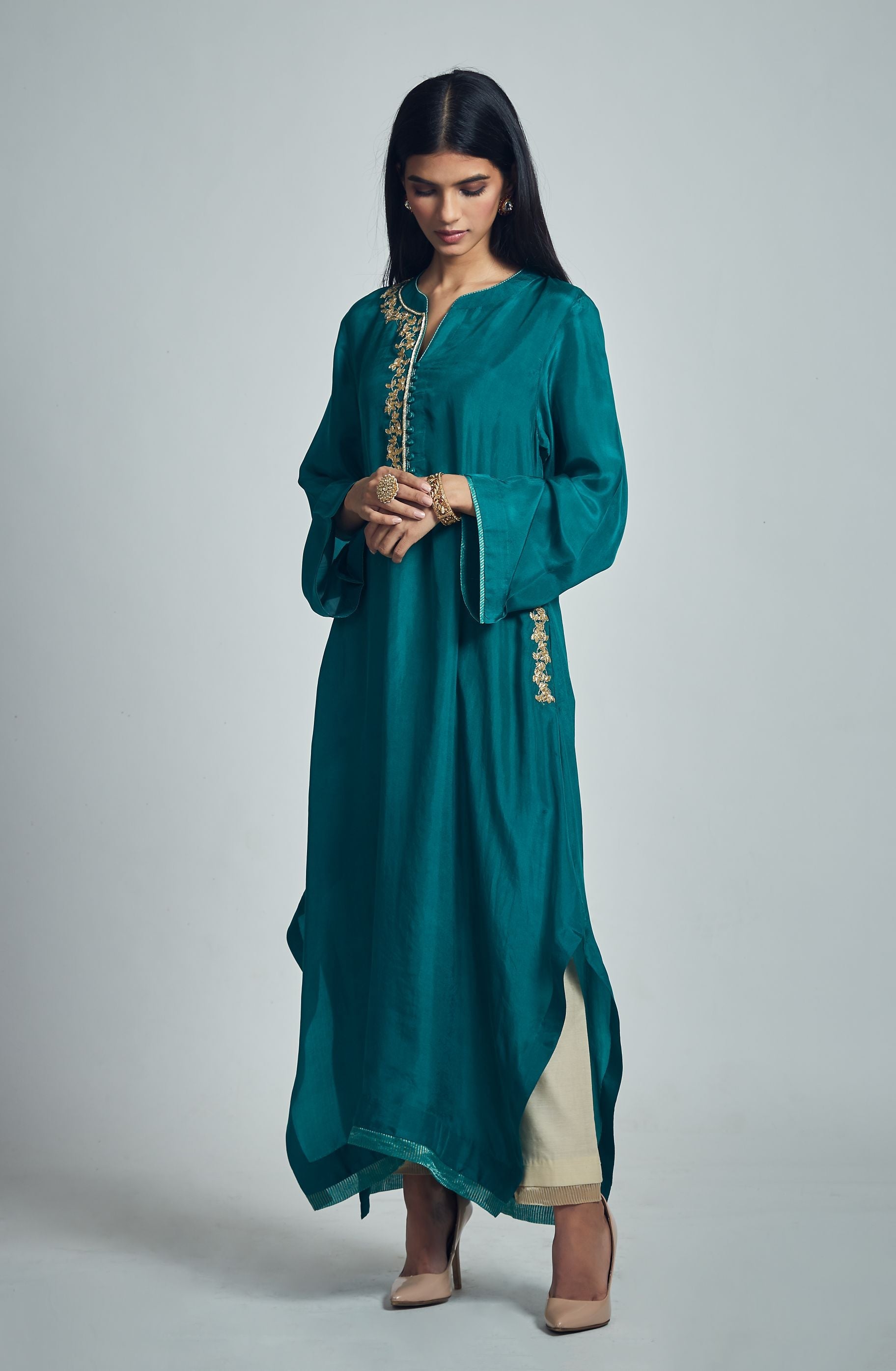 Nyasia- Emerald green Habutai silk Gota Patti embroidered choga