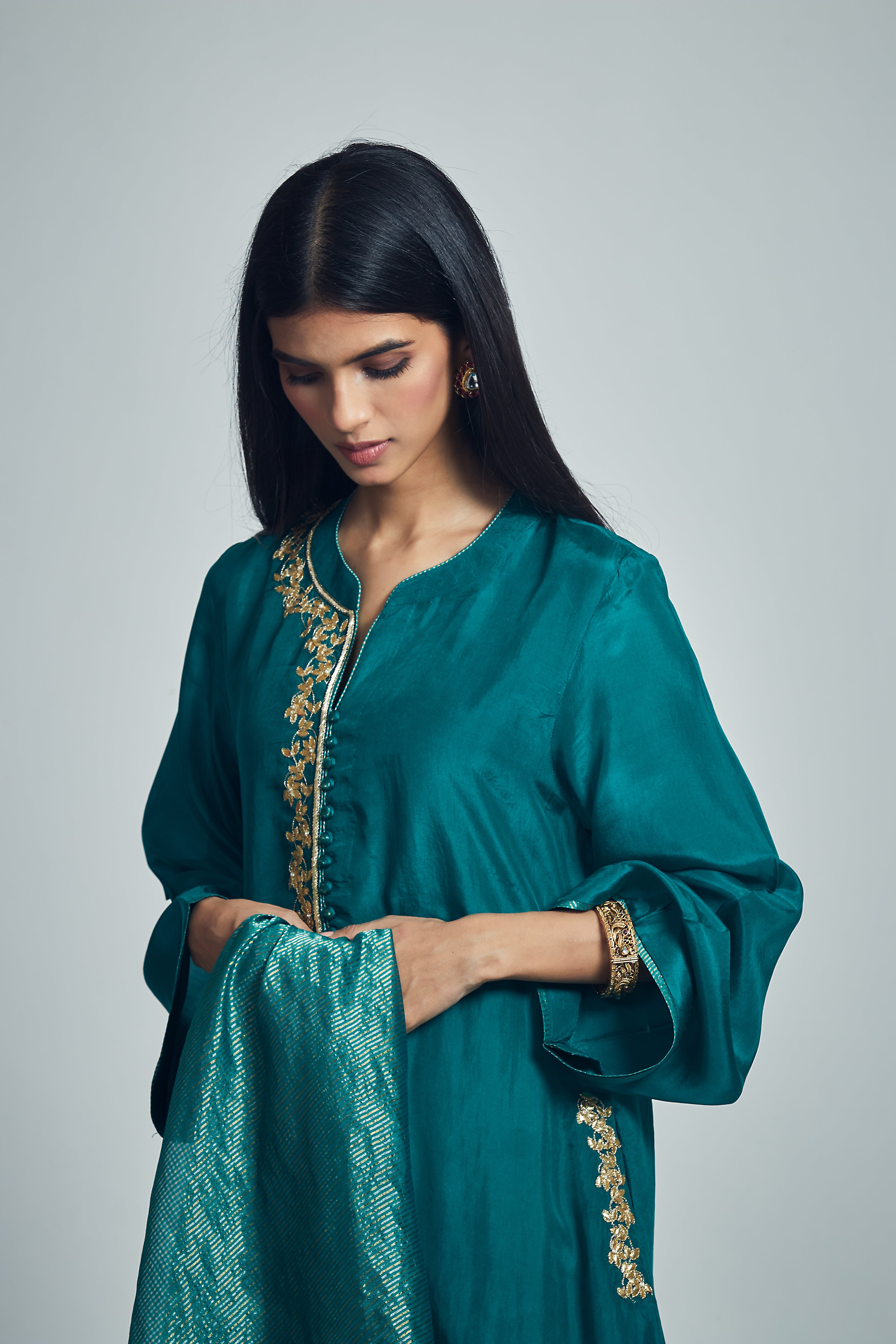 Nyasia- Emerald green Habutai silk Gota Patti embroidered choga