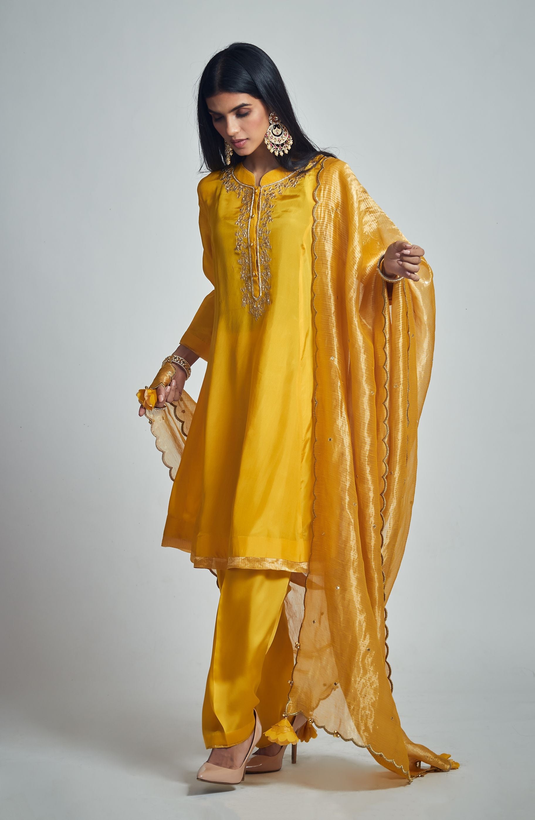 Nazish- Happy mustard Habutai silk Gota patti embroidered kurta with salwar and dupatta