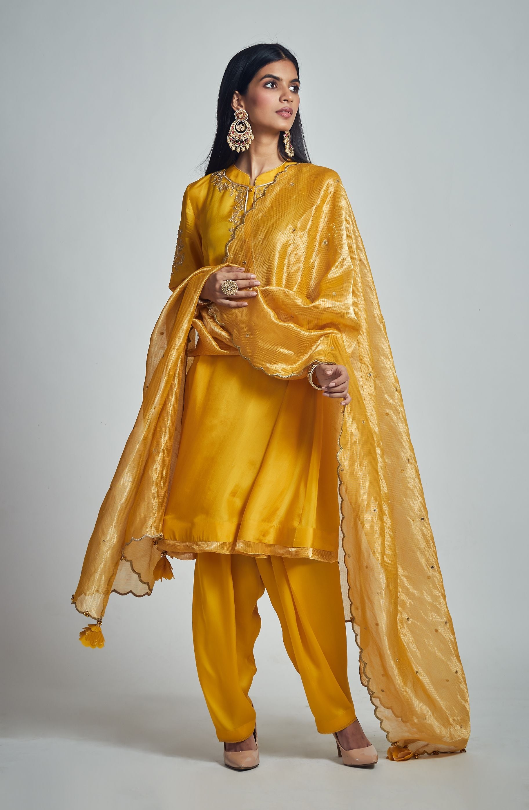 Nazish- Happy mustard Habutai silk Gota patti embroidered kurta with salwar and dupatta