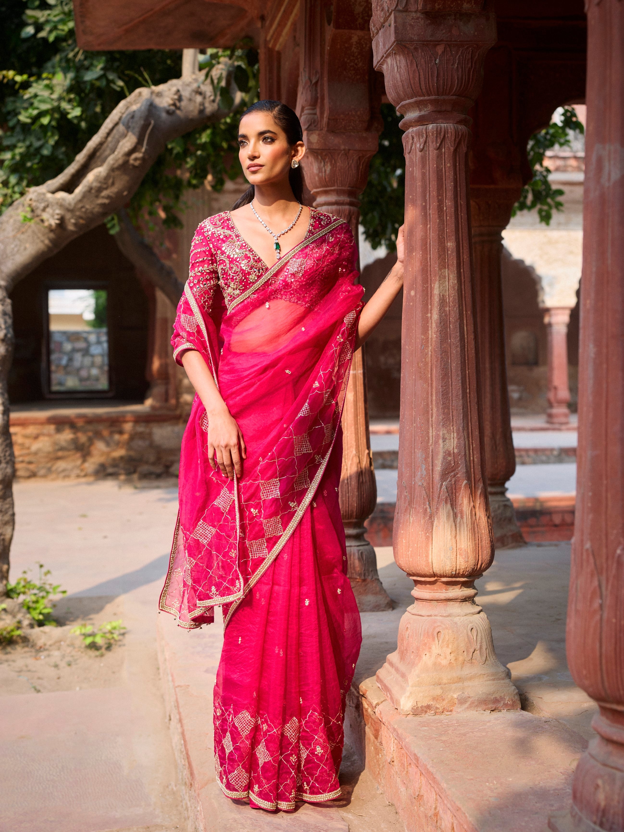 Cranberry Organza Saree Set