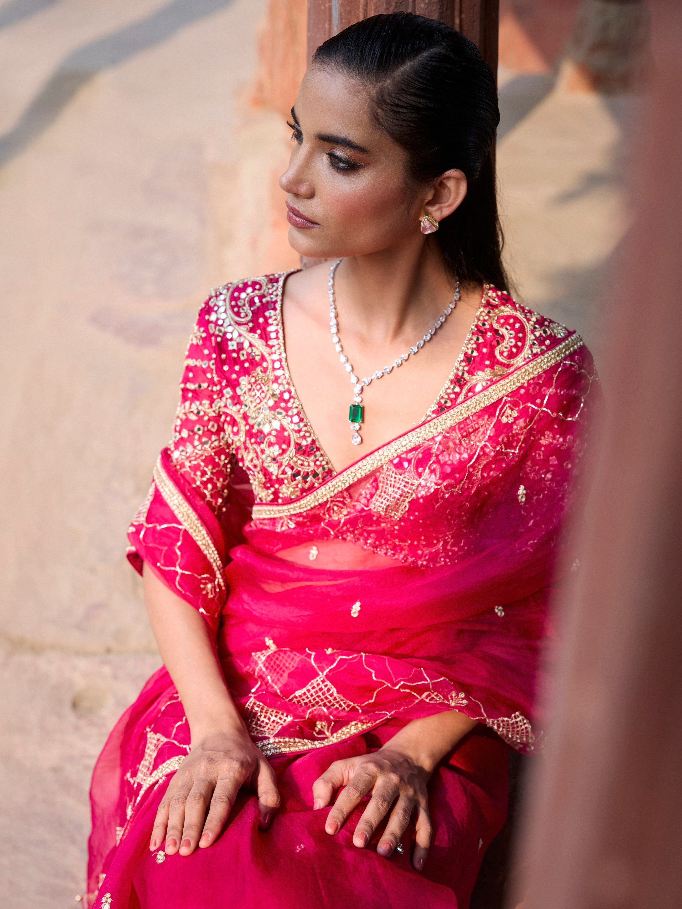 Cranberry Organza Saree Set