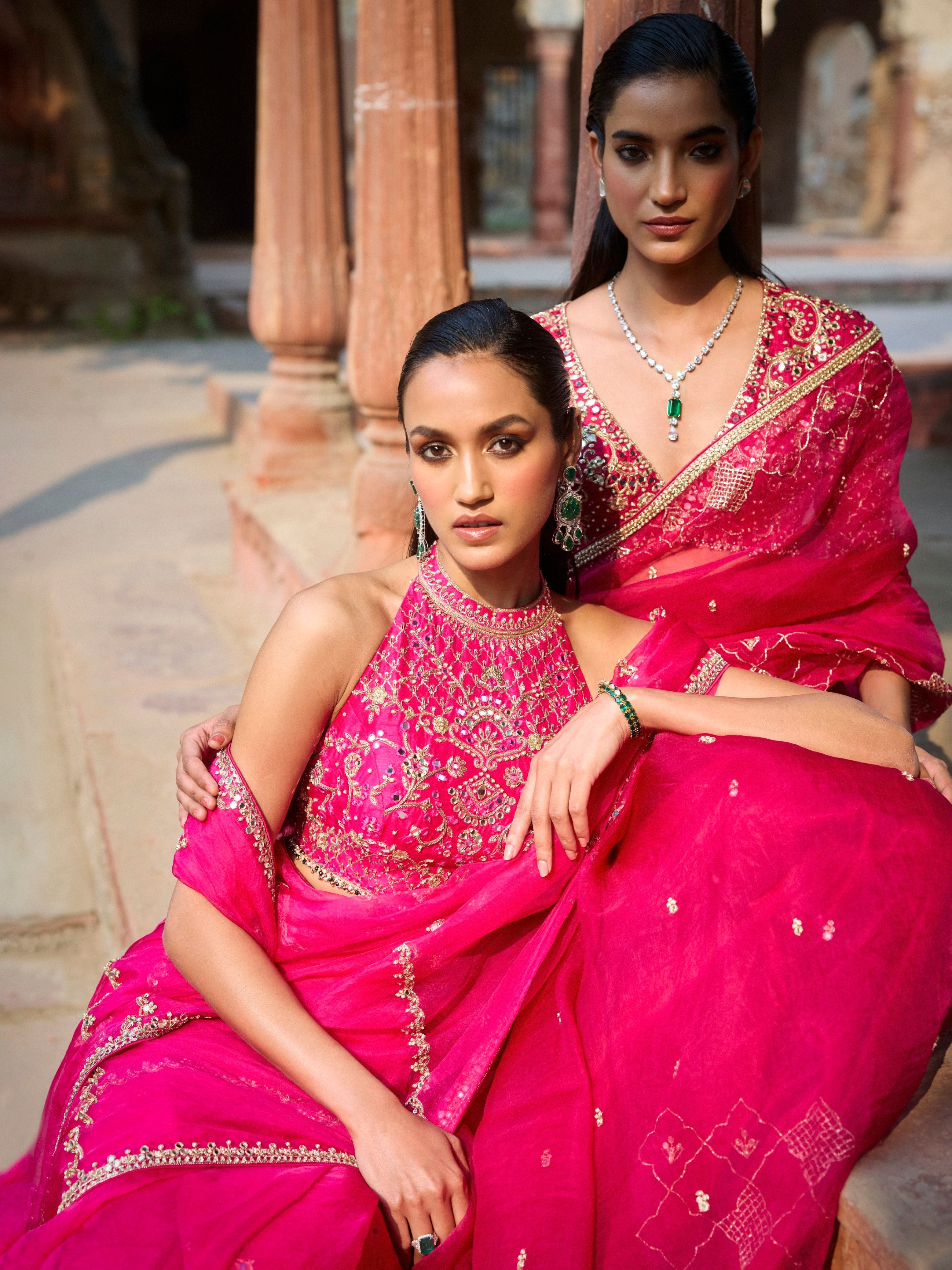 Hot Pink Organza Saree Set