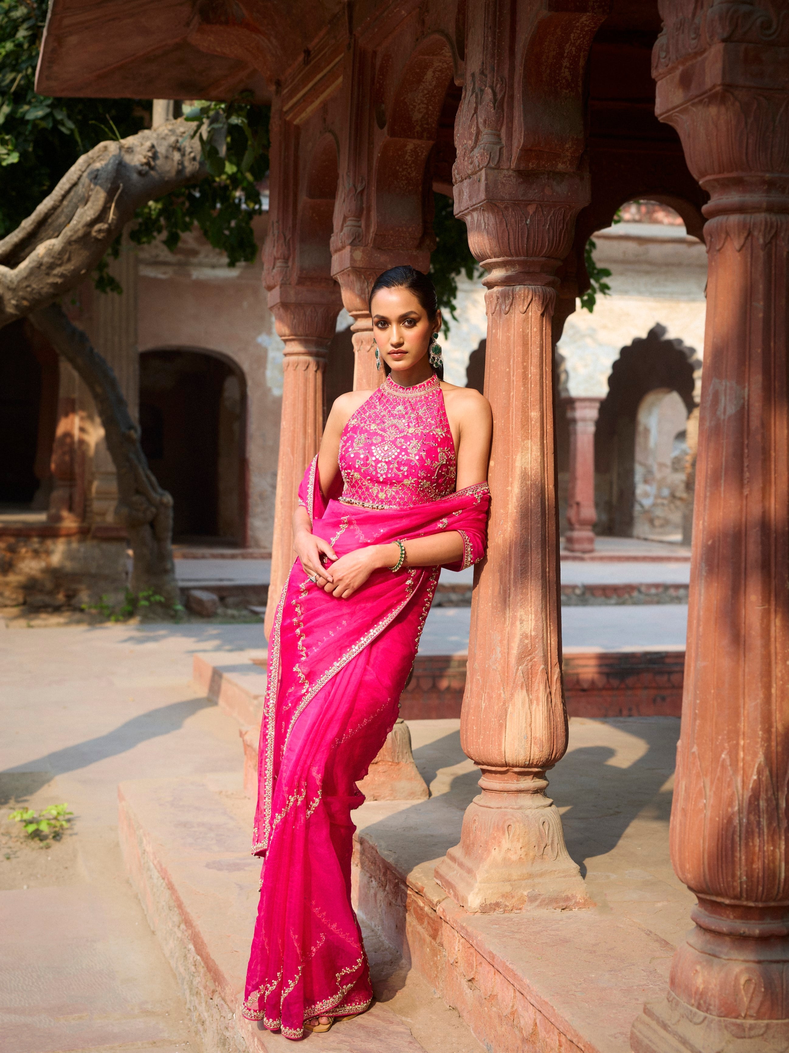 Hot Pink Organza Saree Set