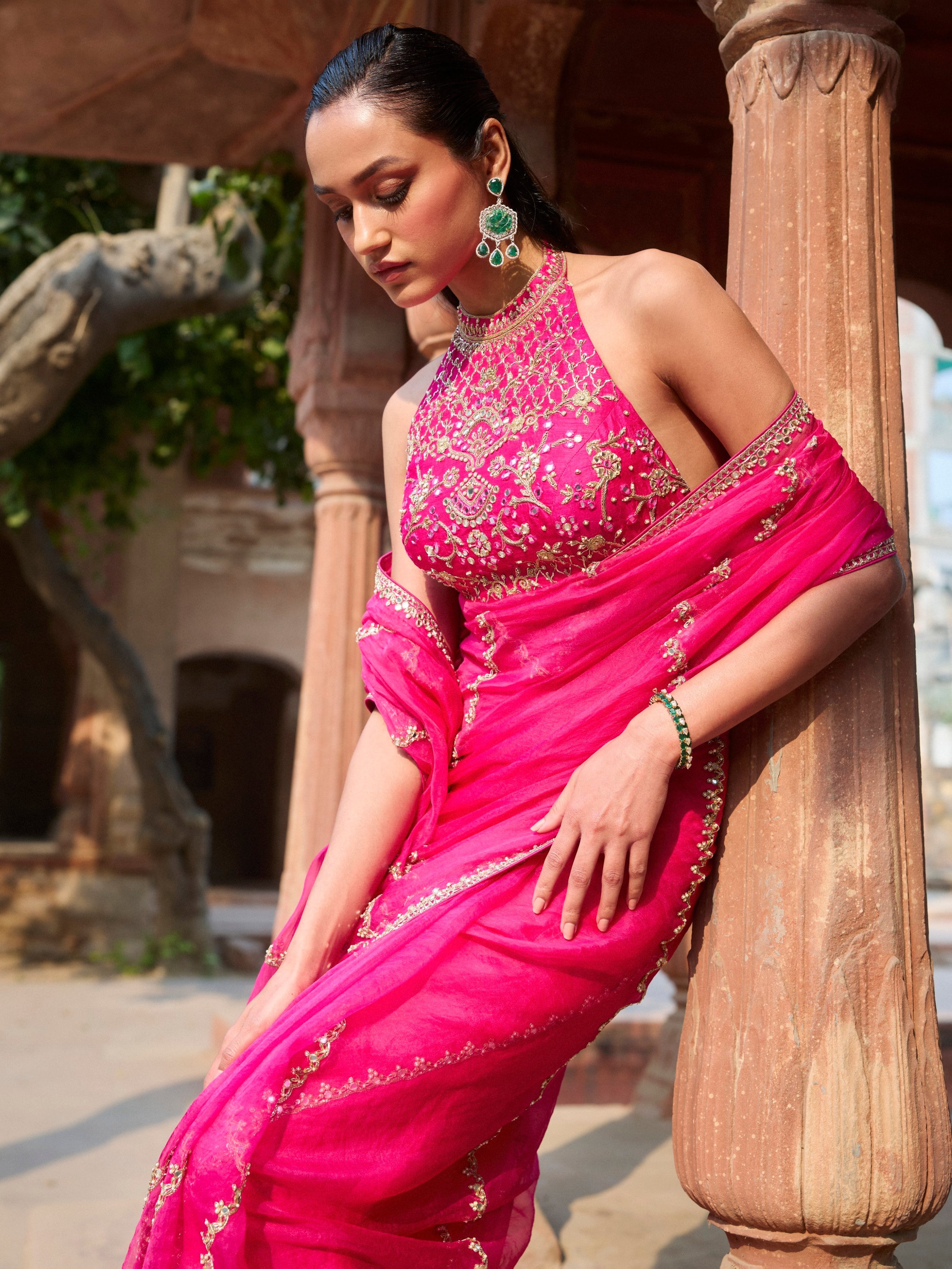 Hot Pink Organza Saree Set