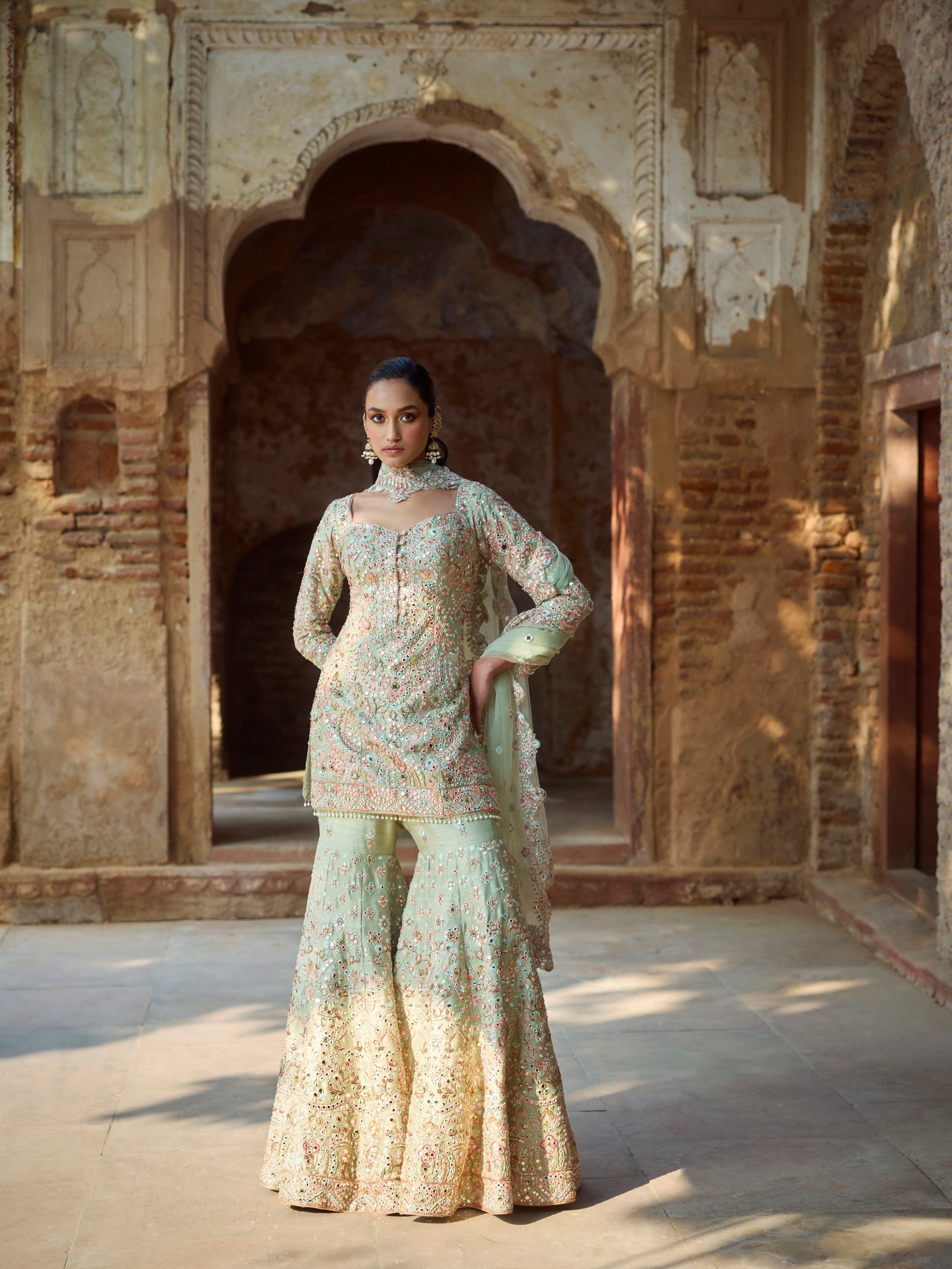 Mint Green Raw Silk Gharara Set