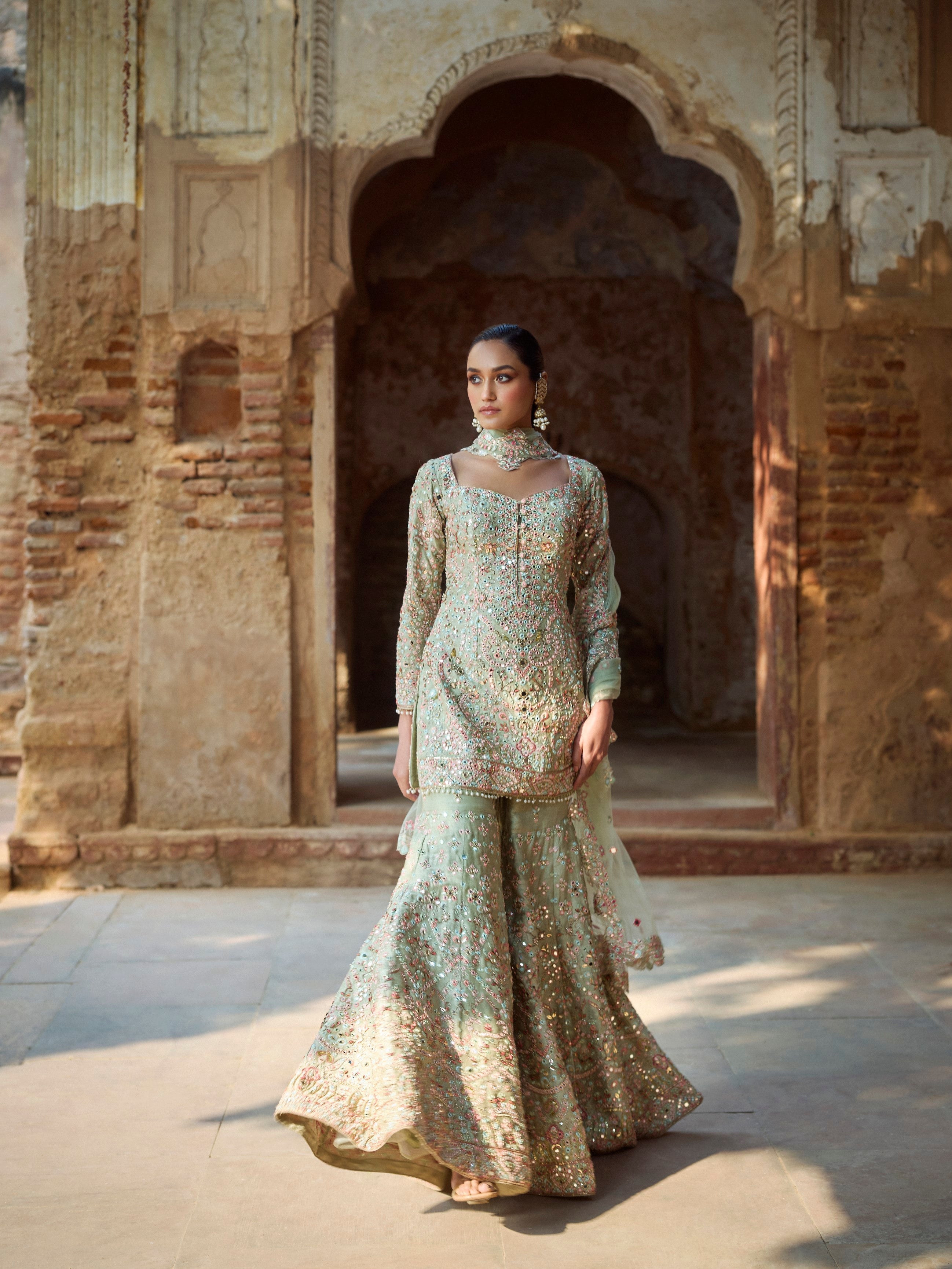 Mint Green Raw Silk Gharara Set