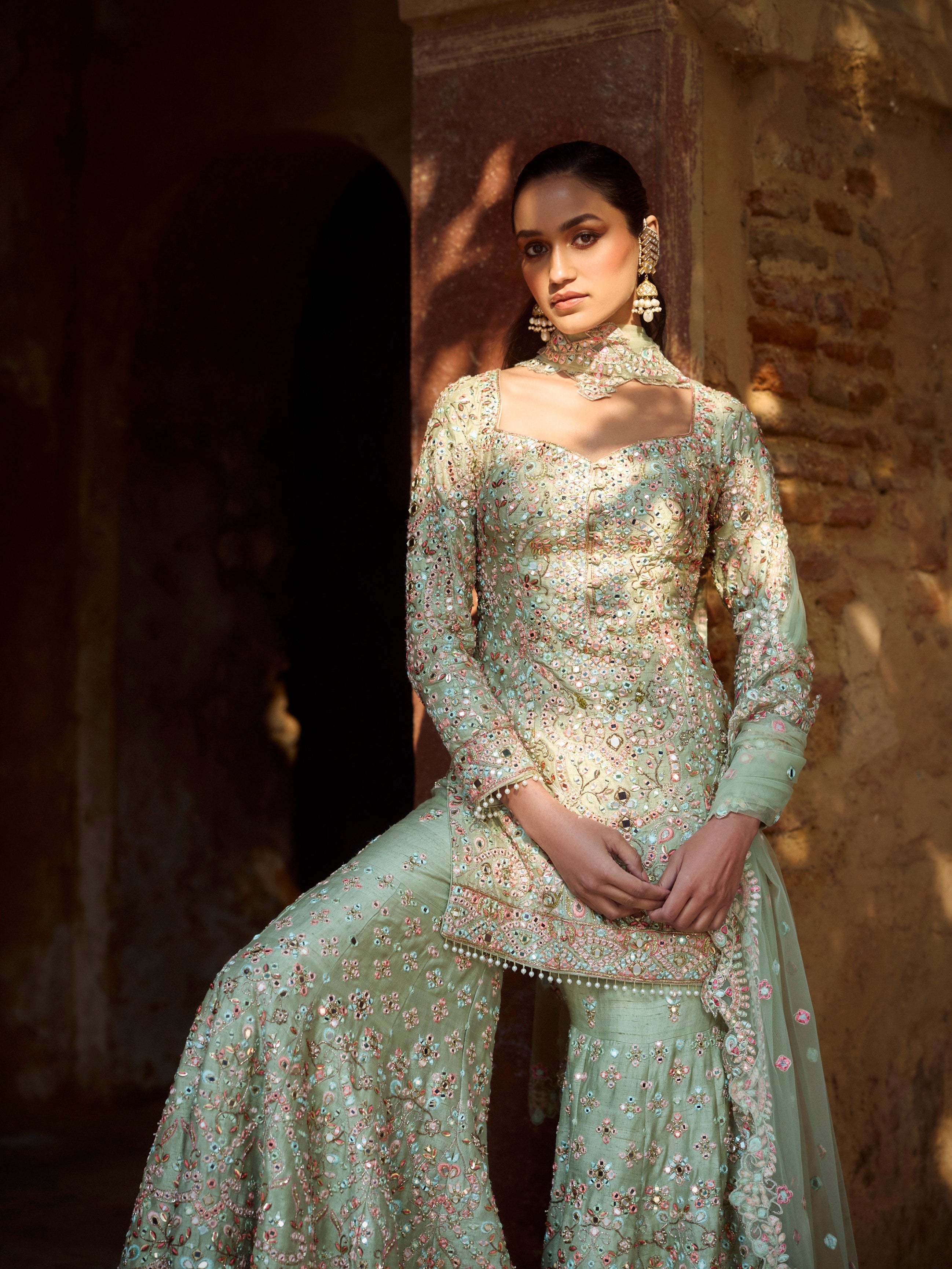 Mint Green Raw Silk Gharara Set