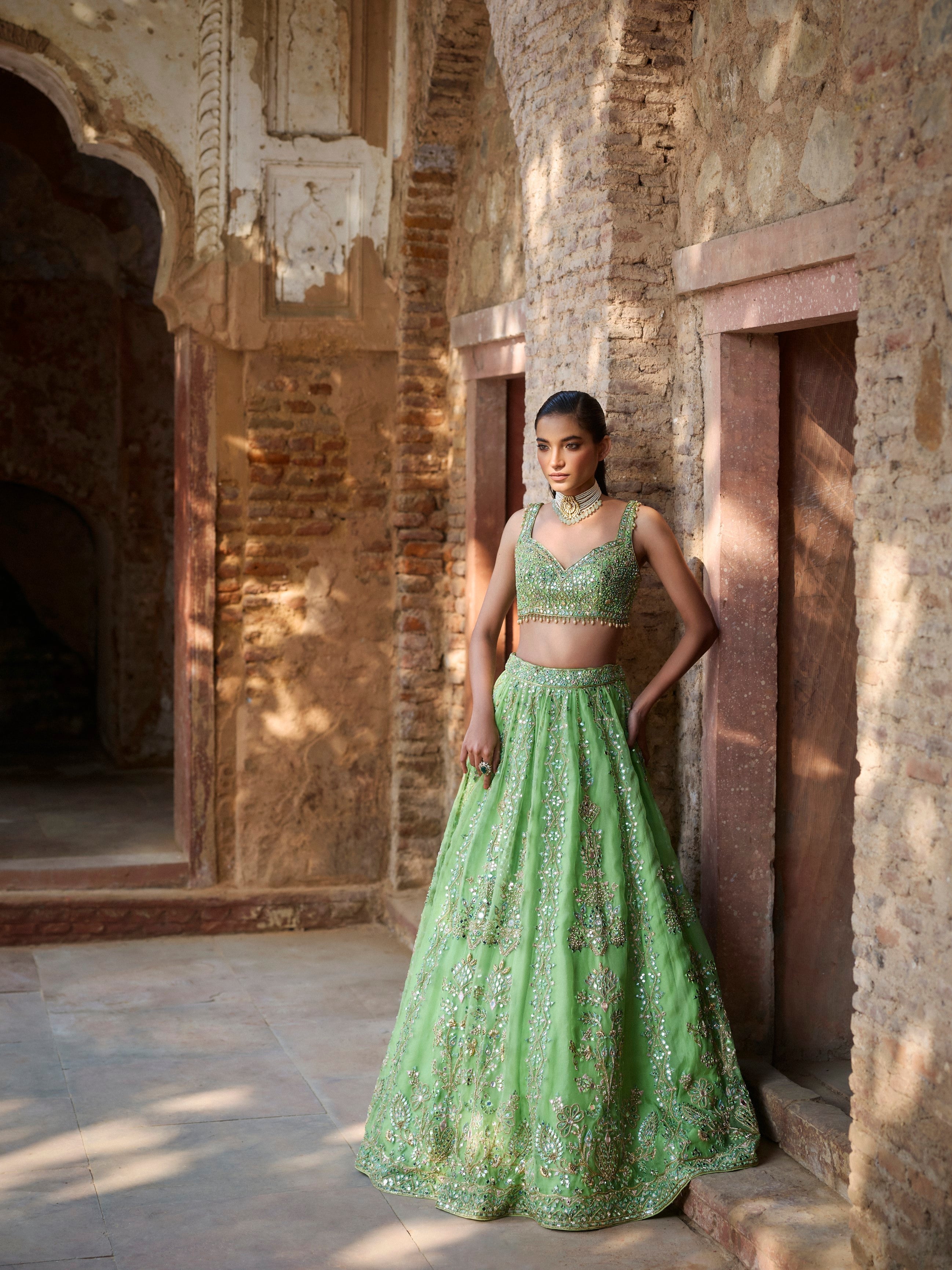 Lime Green Organza Lehenga Set