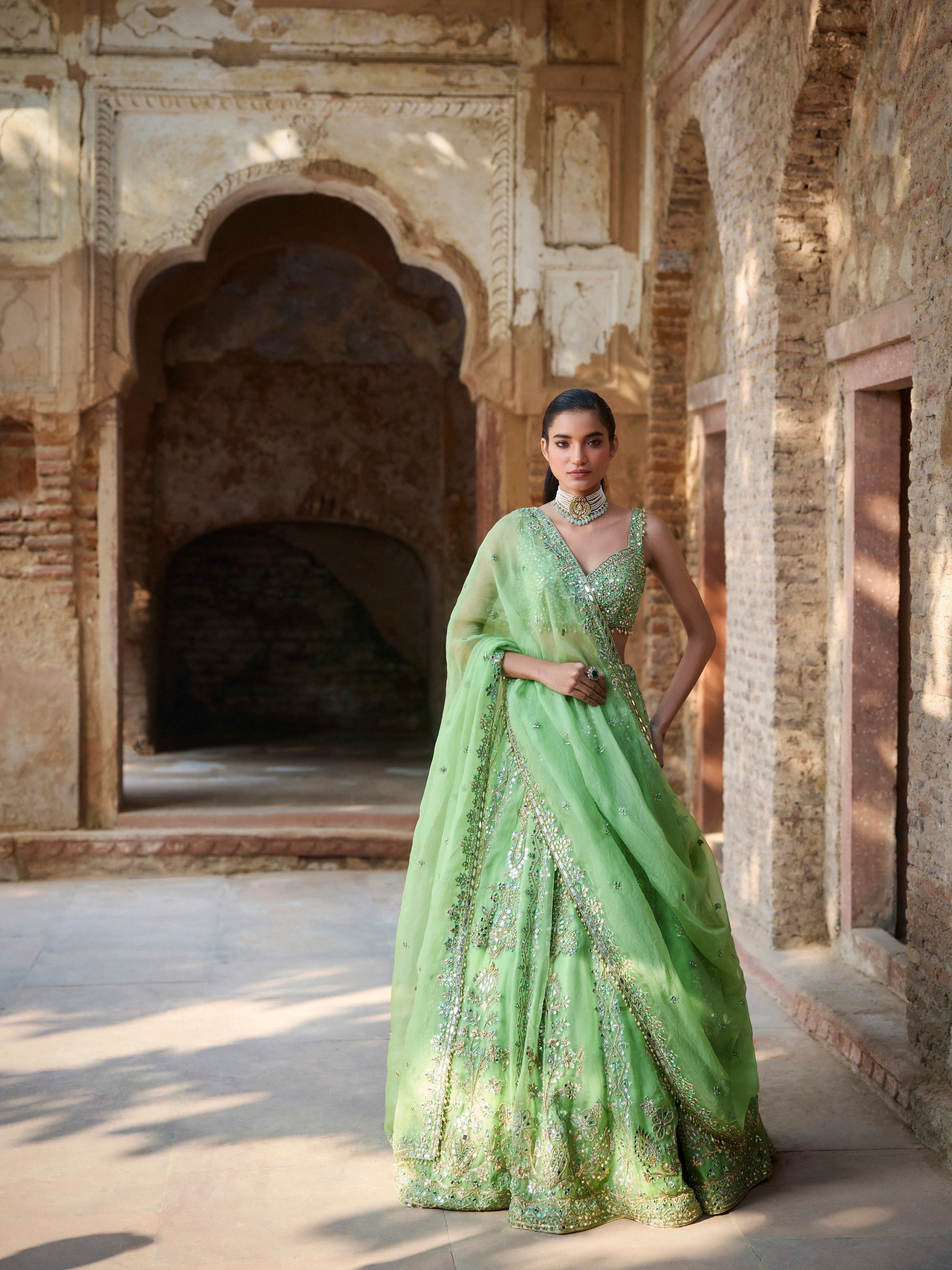 Lime Green Organza Lehenga Set