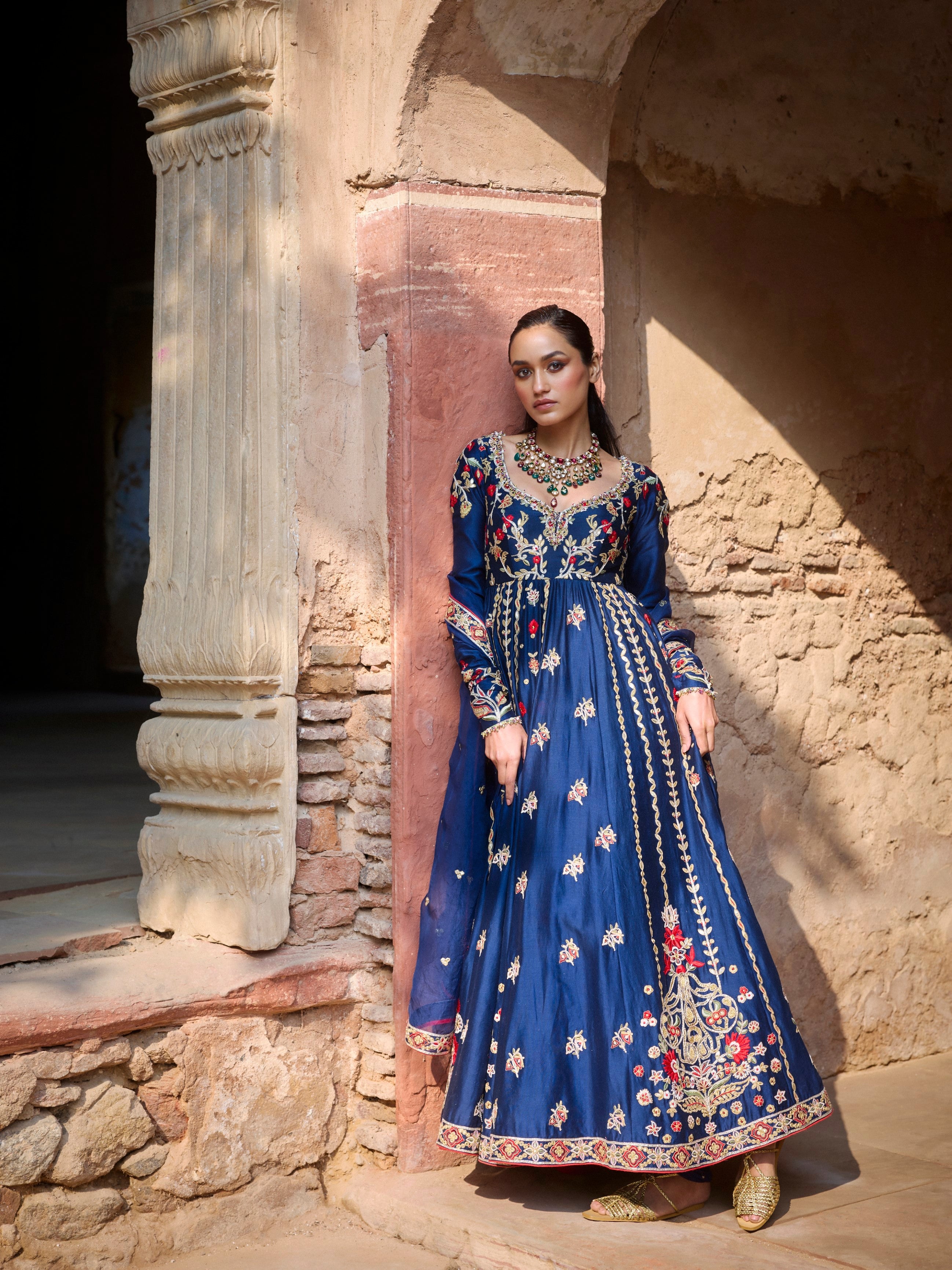 Navy Blue Chanderi Anarkali