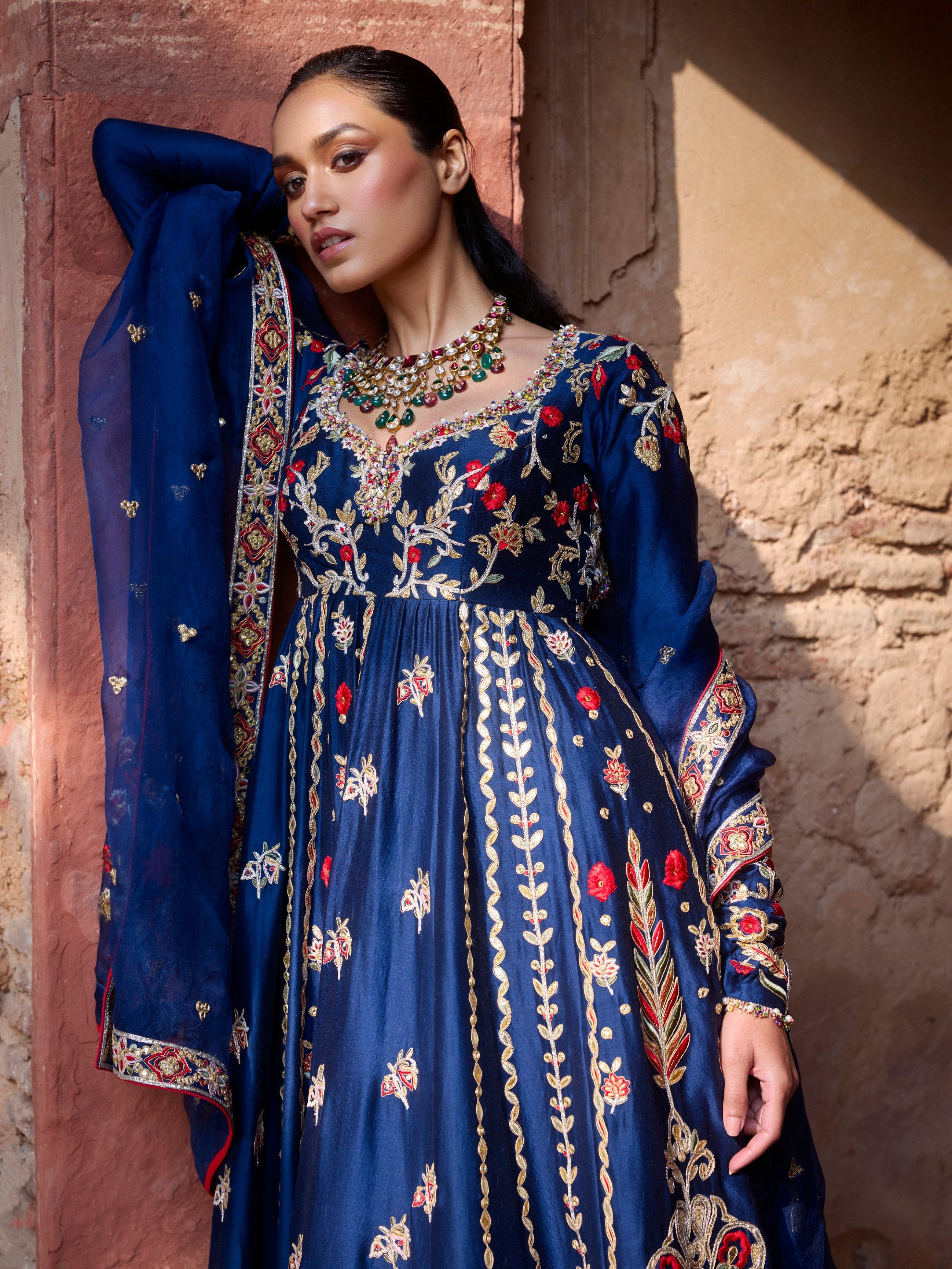 Navy Blue Chanderi Anarkali