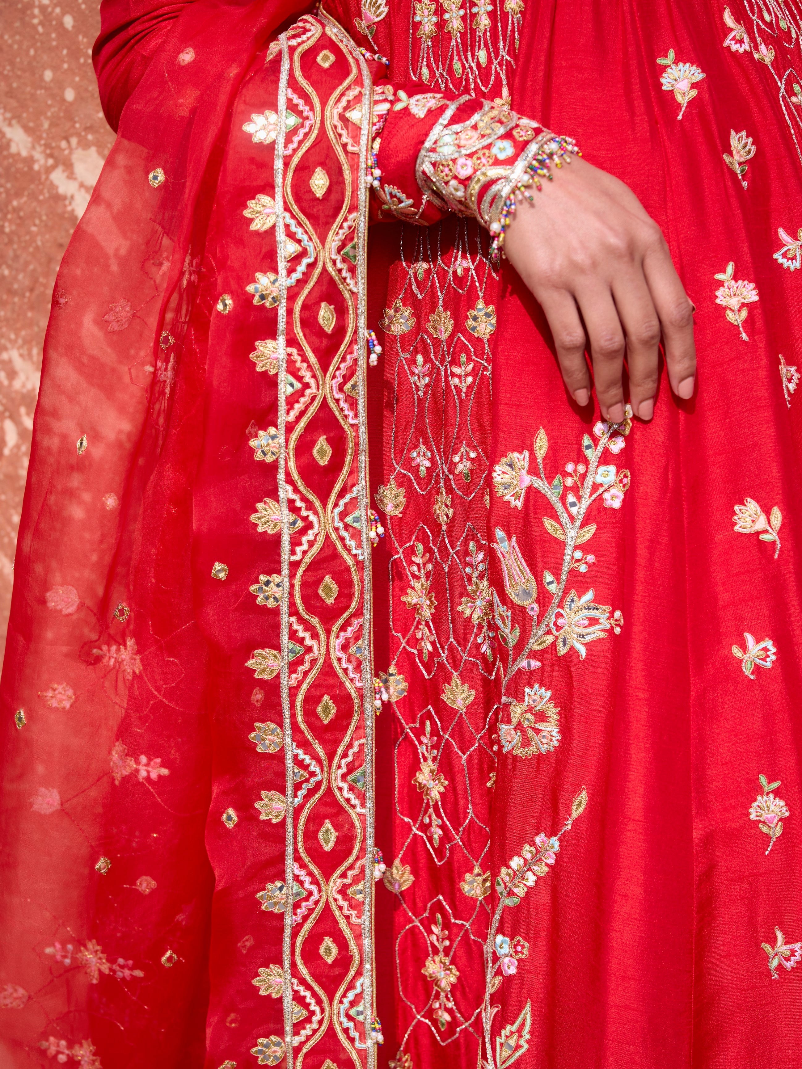 Red Silk Anarkali Set