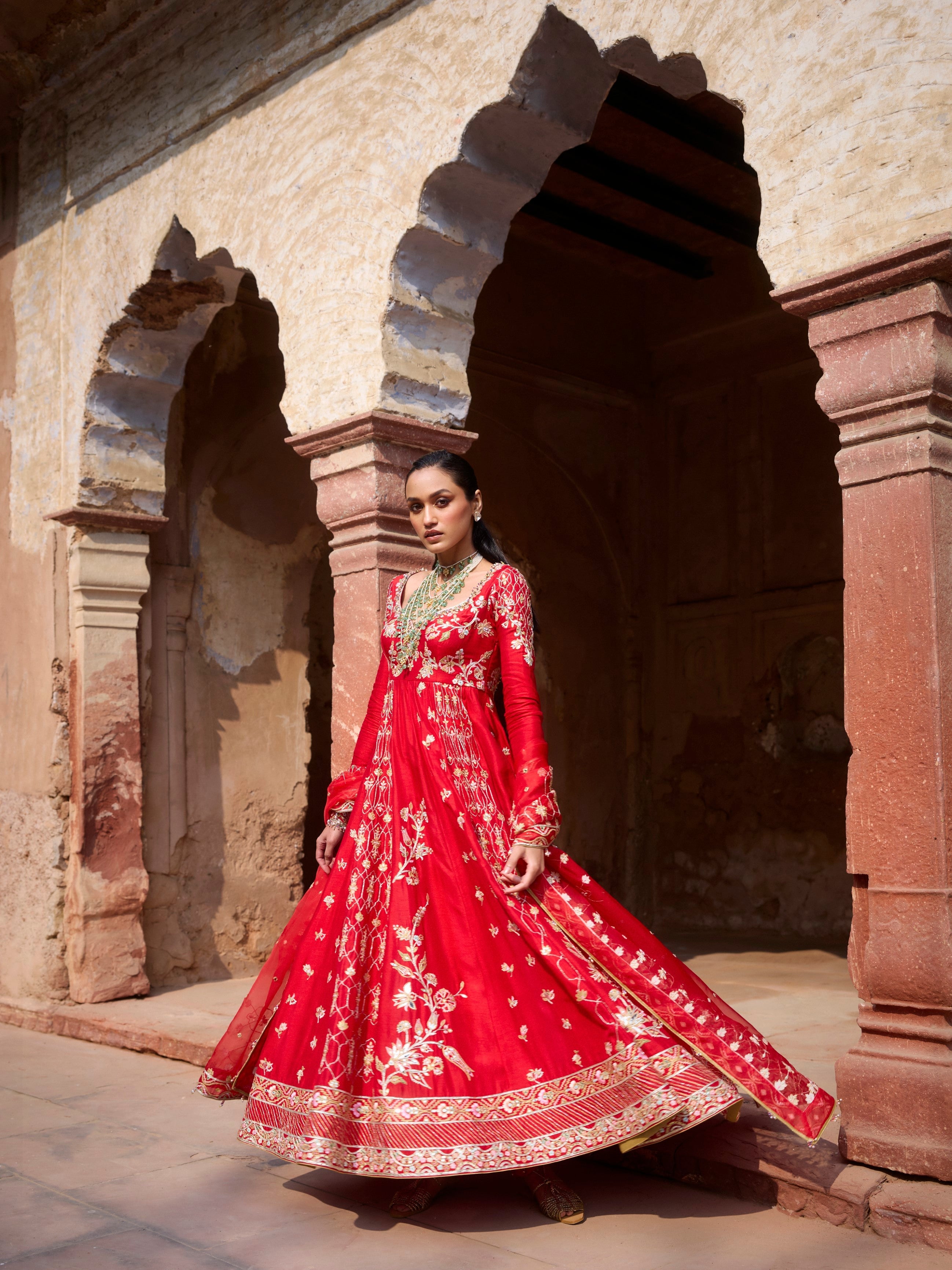 Red Silk Anarkali Set