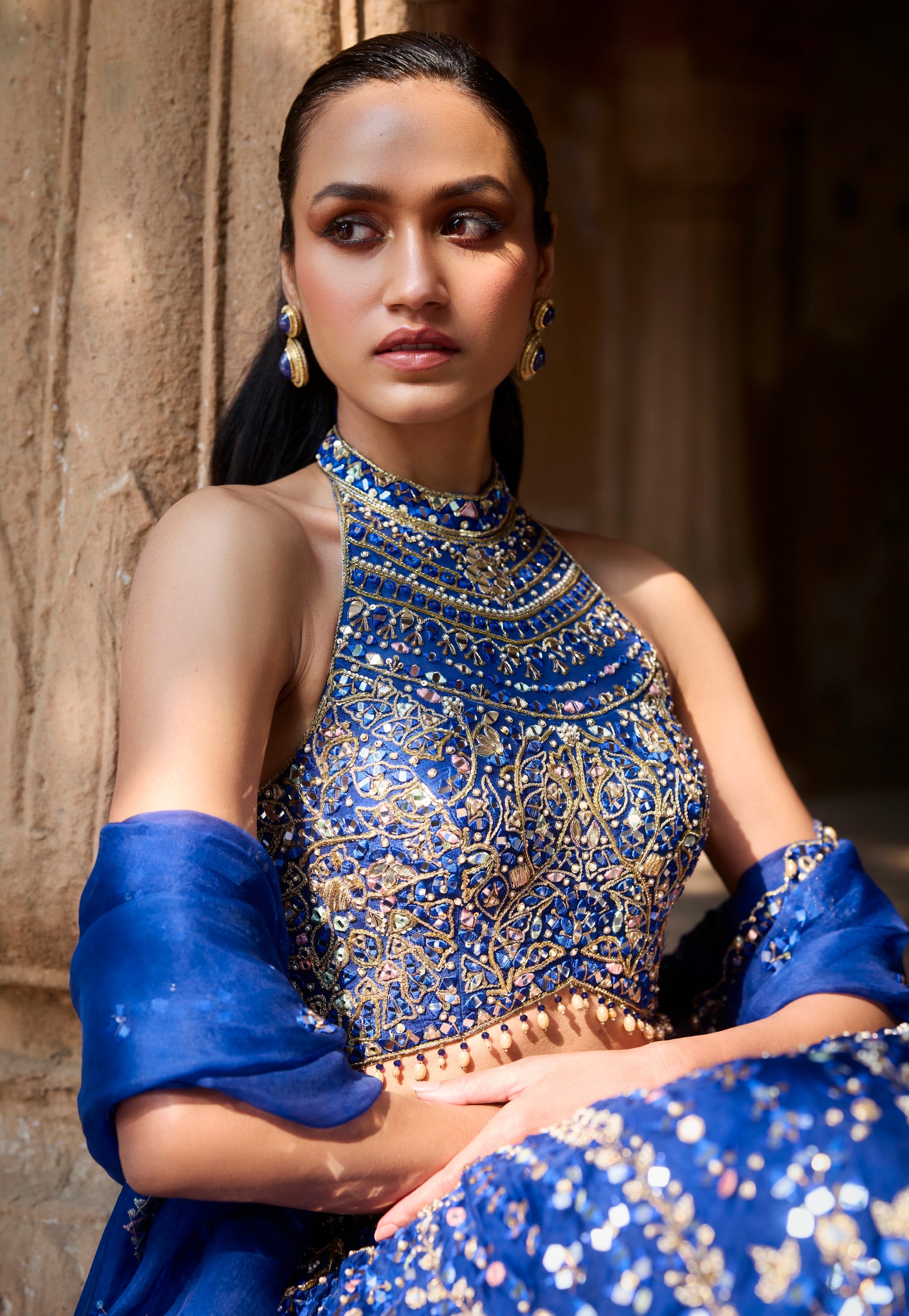 Royal Blue Organza Lehenga Set