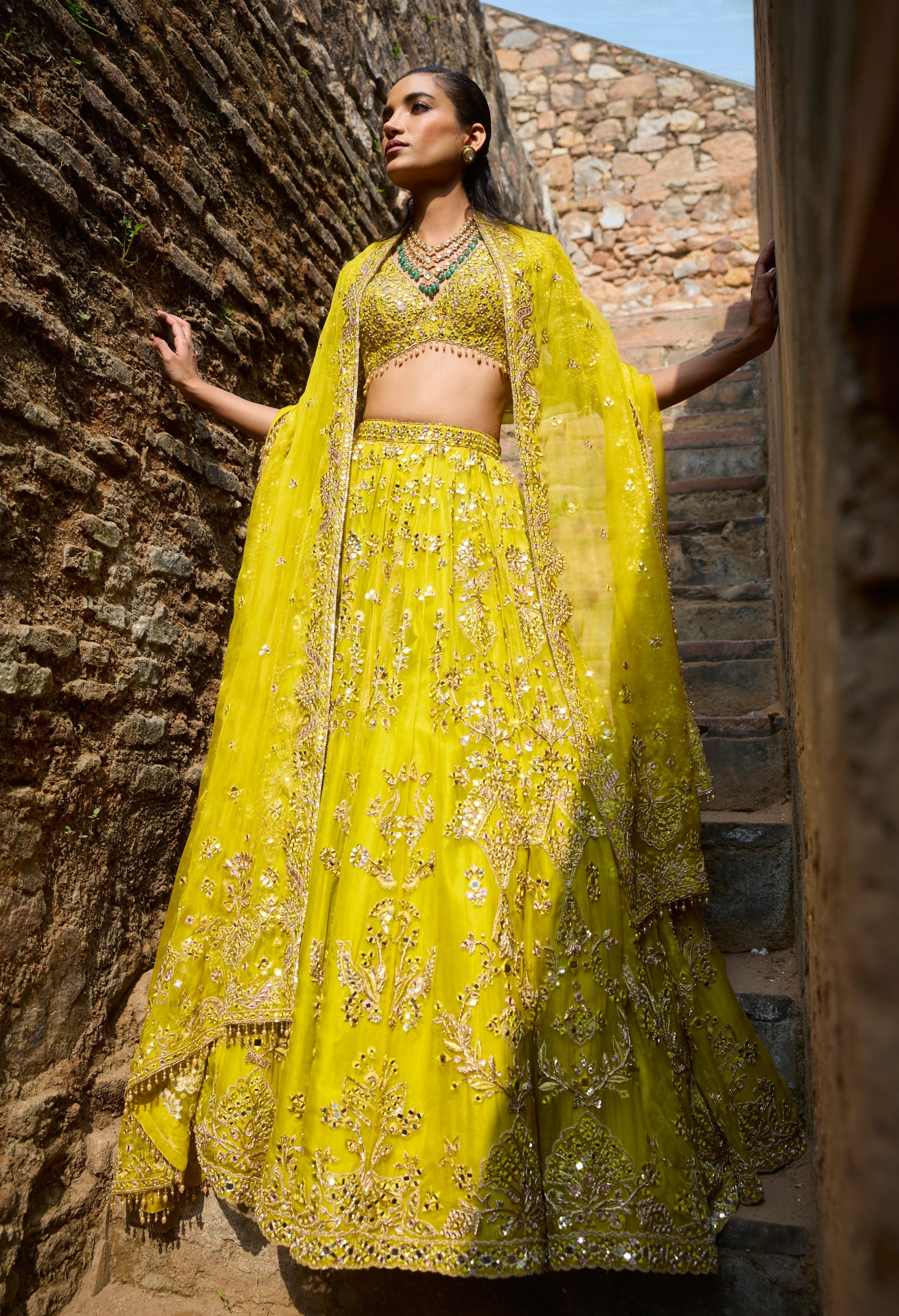 Lime Yellow Organza Lehenga  Set