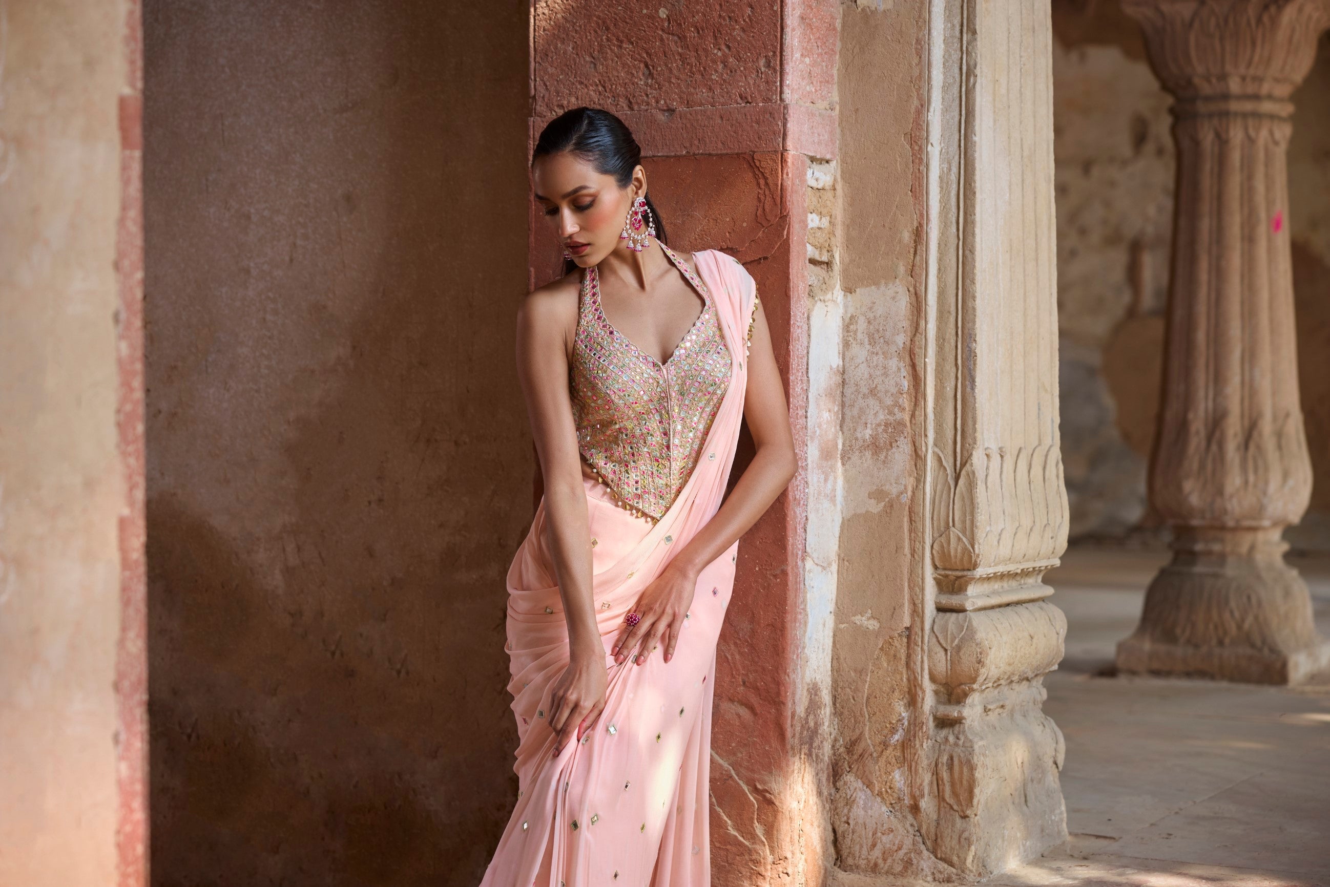 Peach Corset Pre Draped Saree