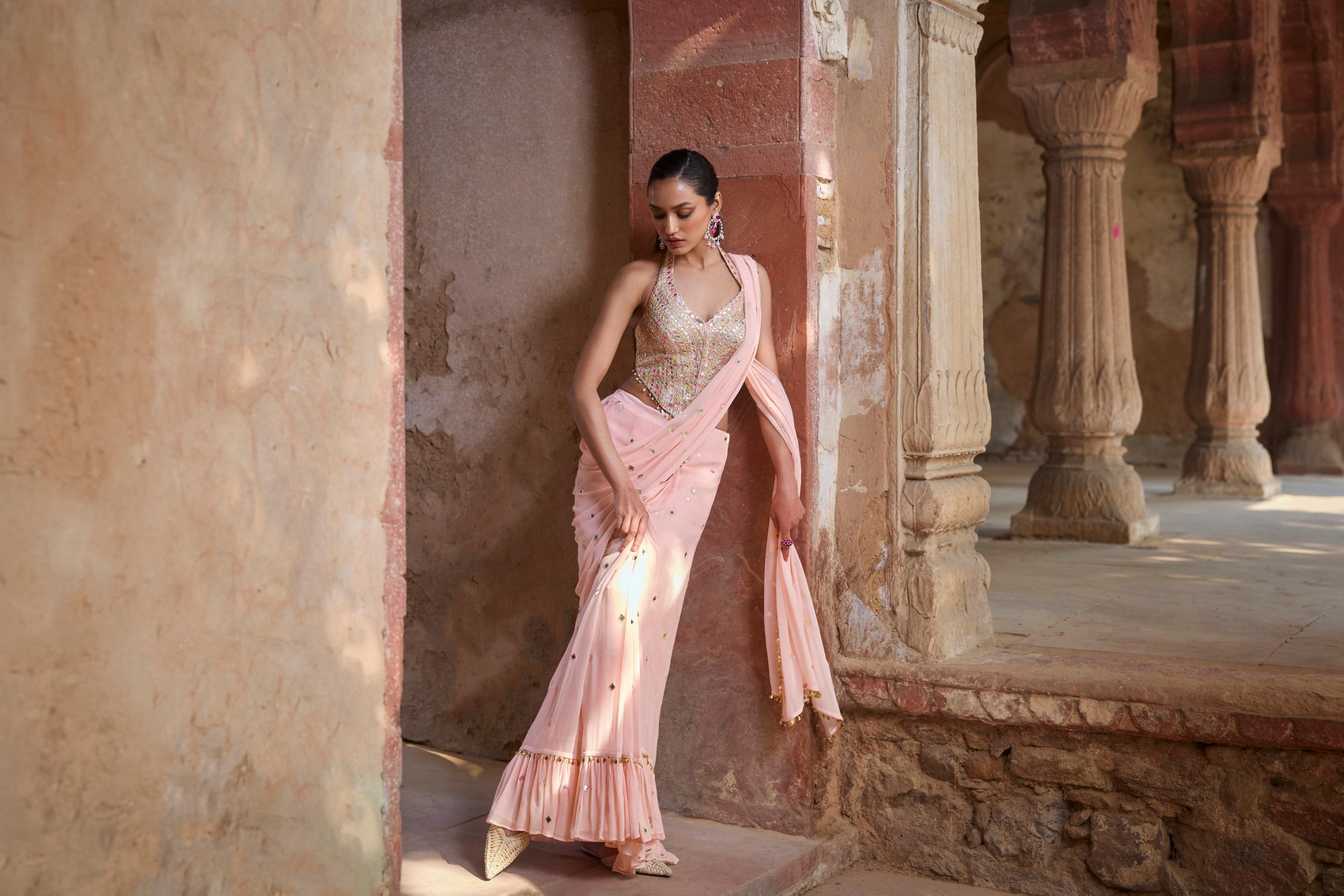 Peach Corset Pre Draped Saree