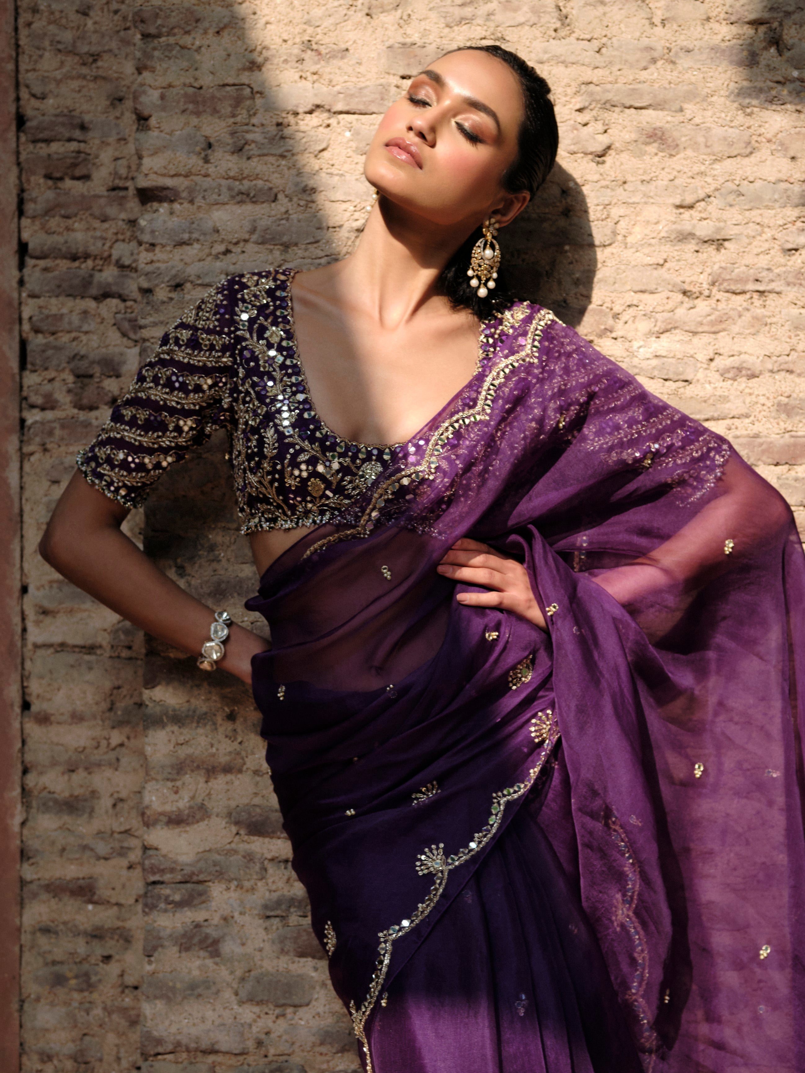 Purple Organza Saree Set