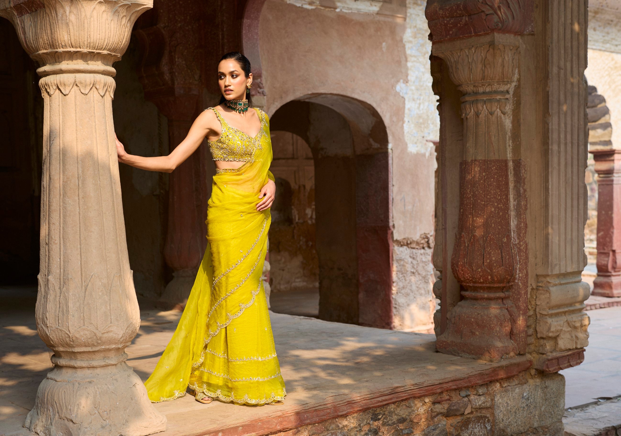 Lime Yellow Organza Saree Set