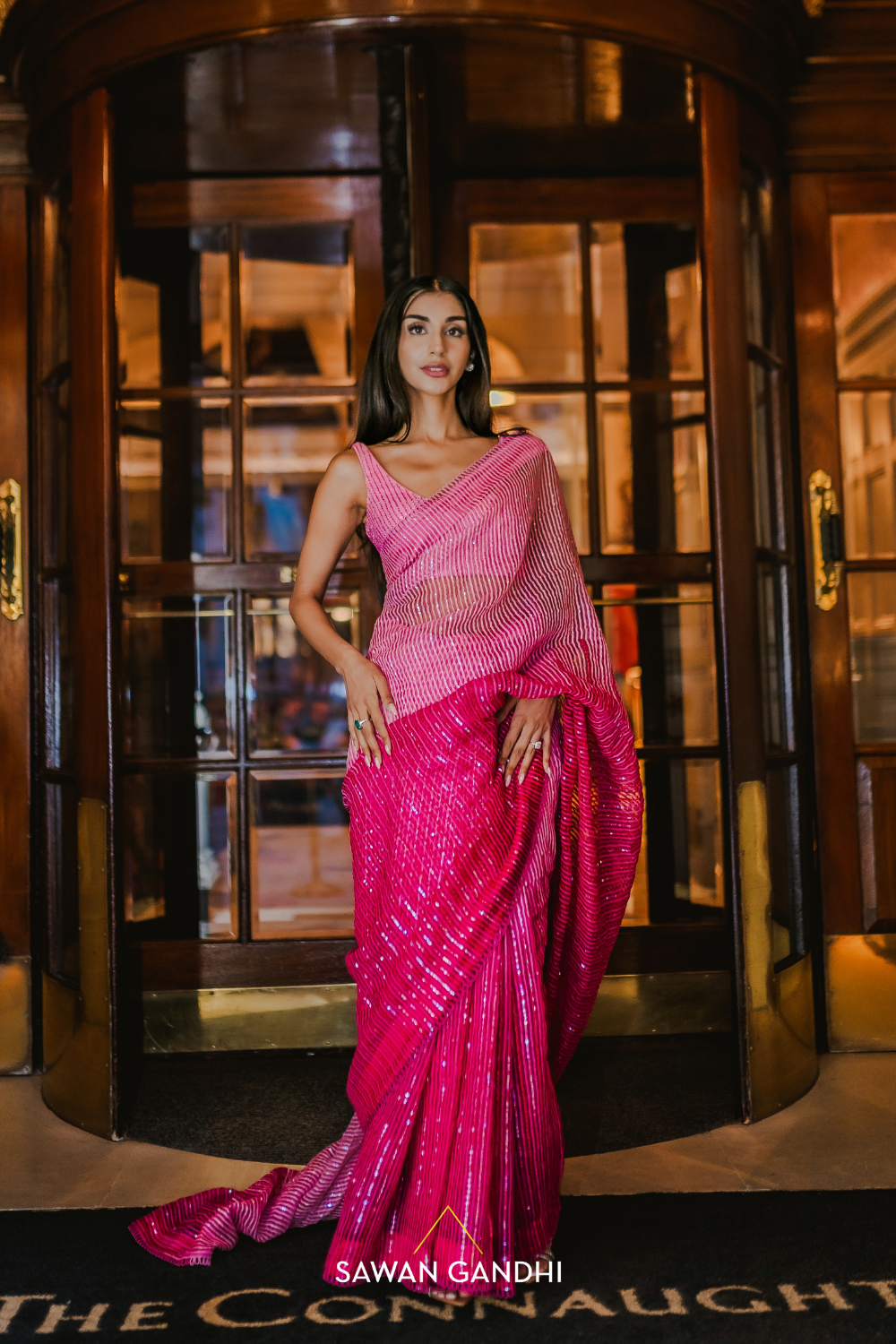 Fuchsia pink ombré organza saree