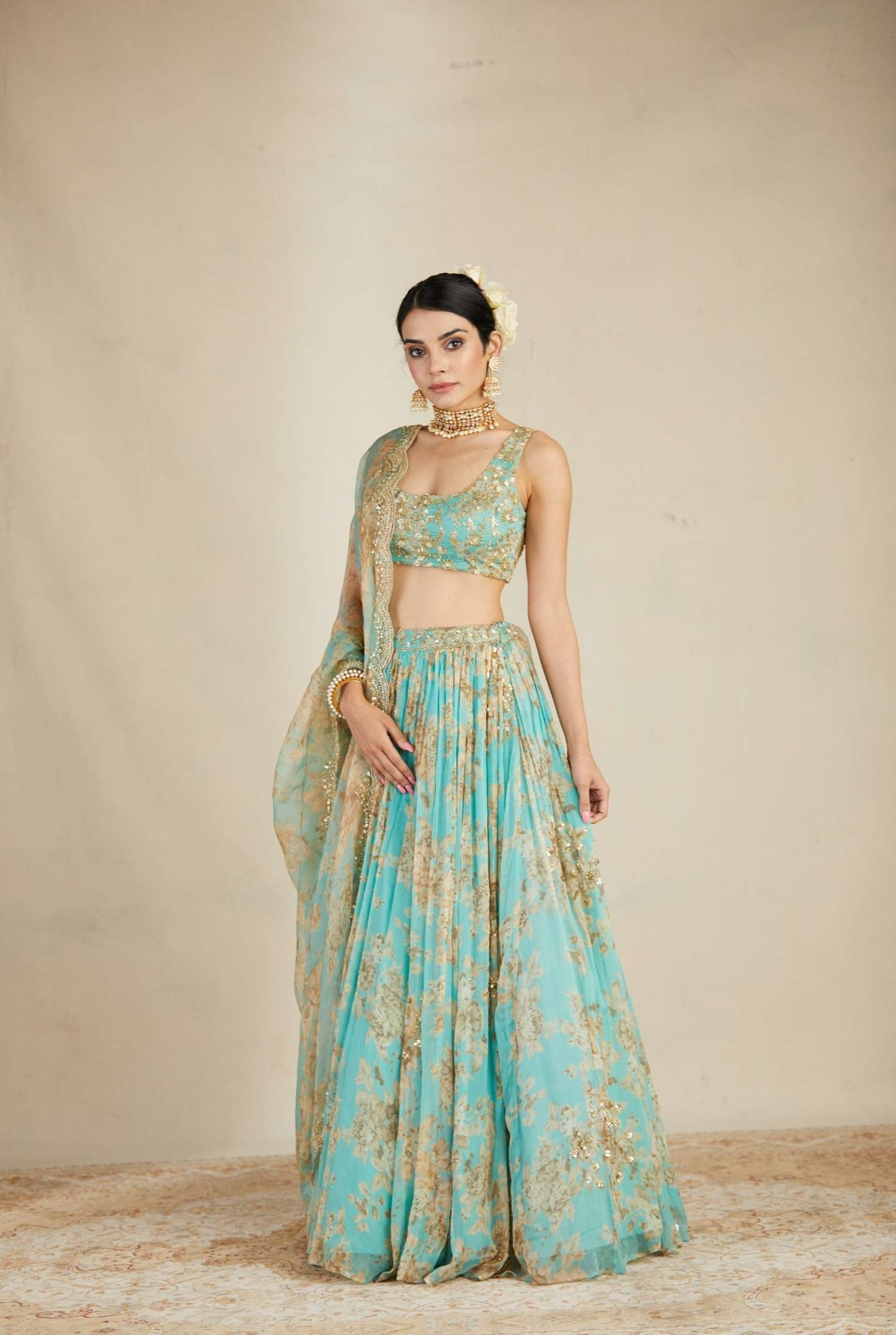 Mint Chiffon Floral Lehenga Set