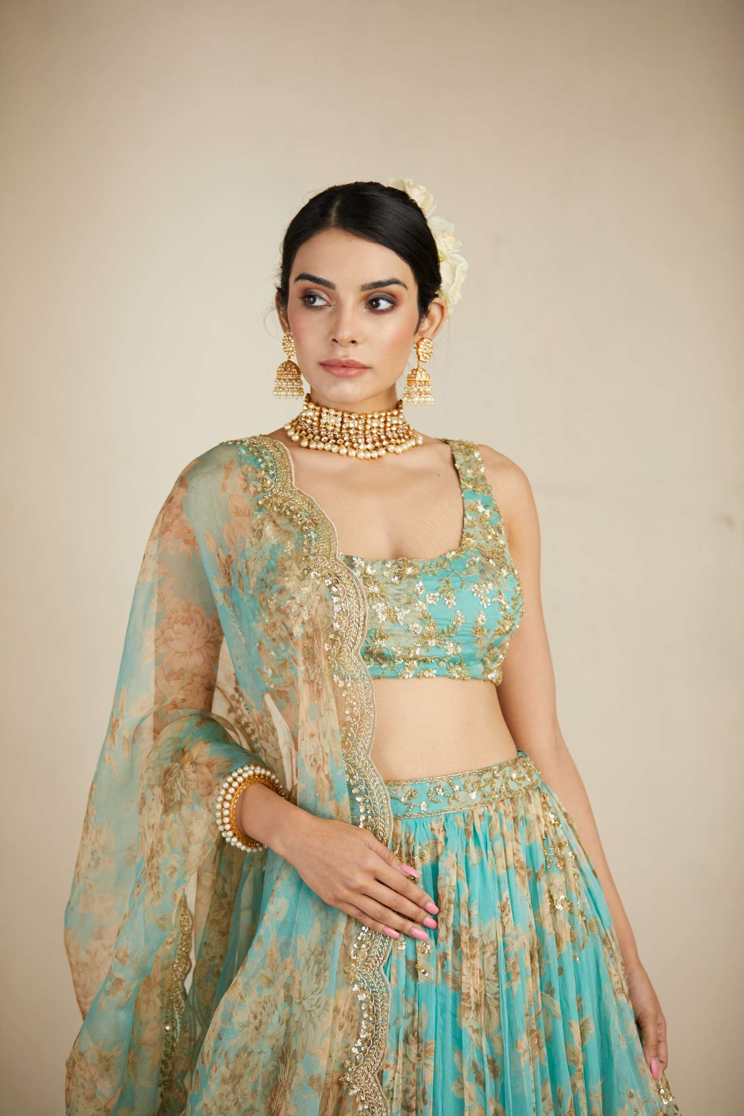 Mint Chiffon Floral Lehenga Set