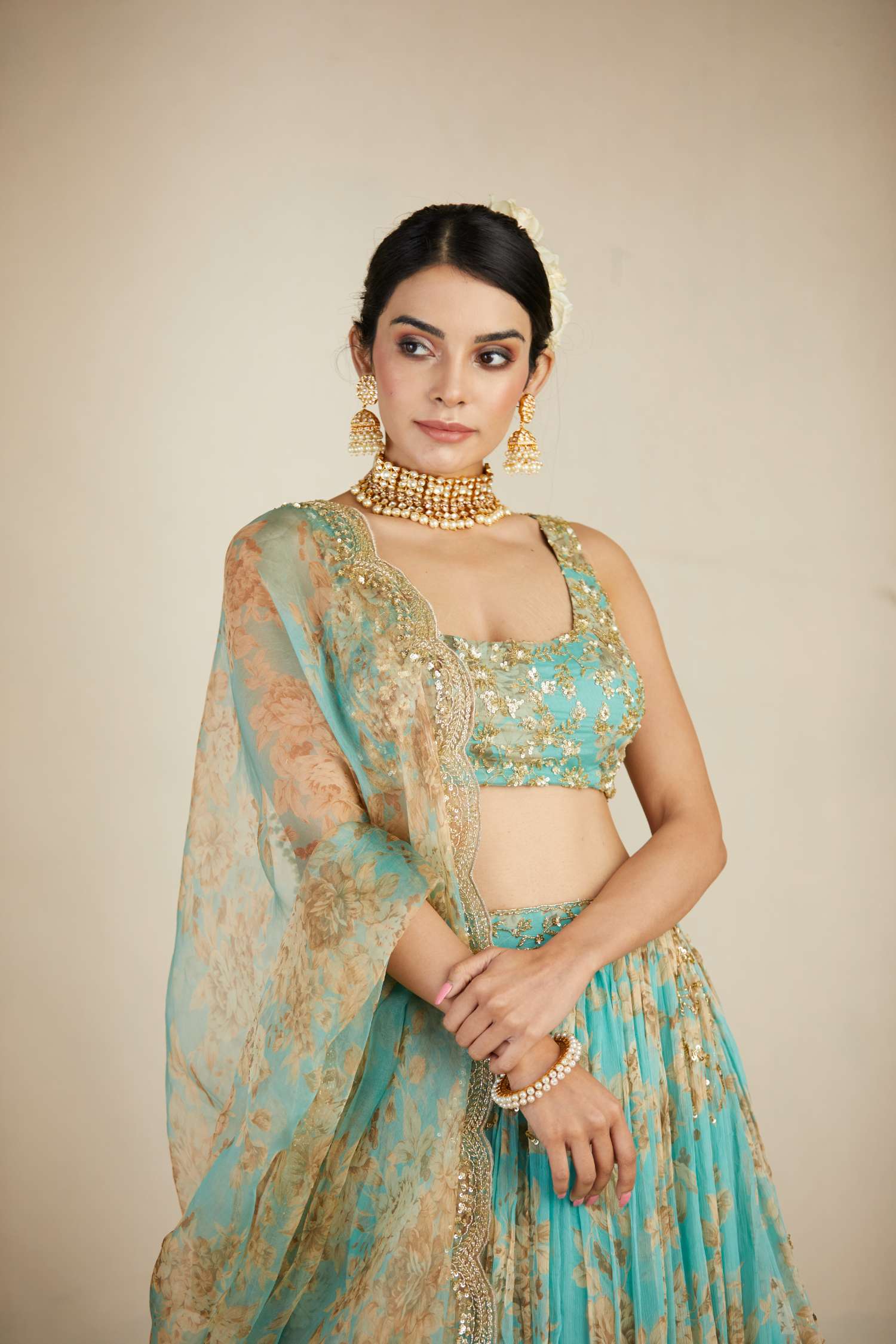 Mint Chiffon Floral Lehenga Set
