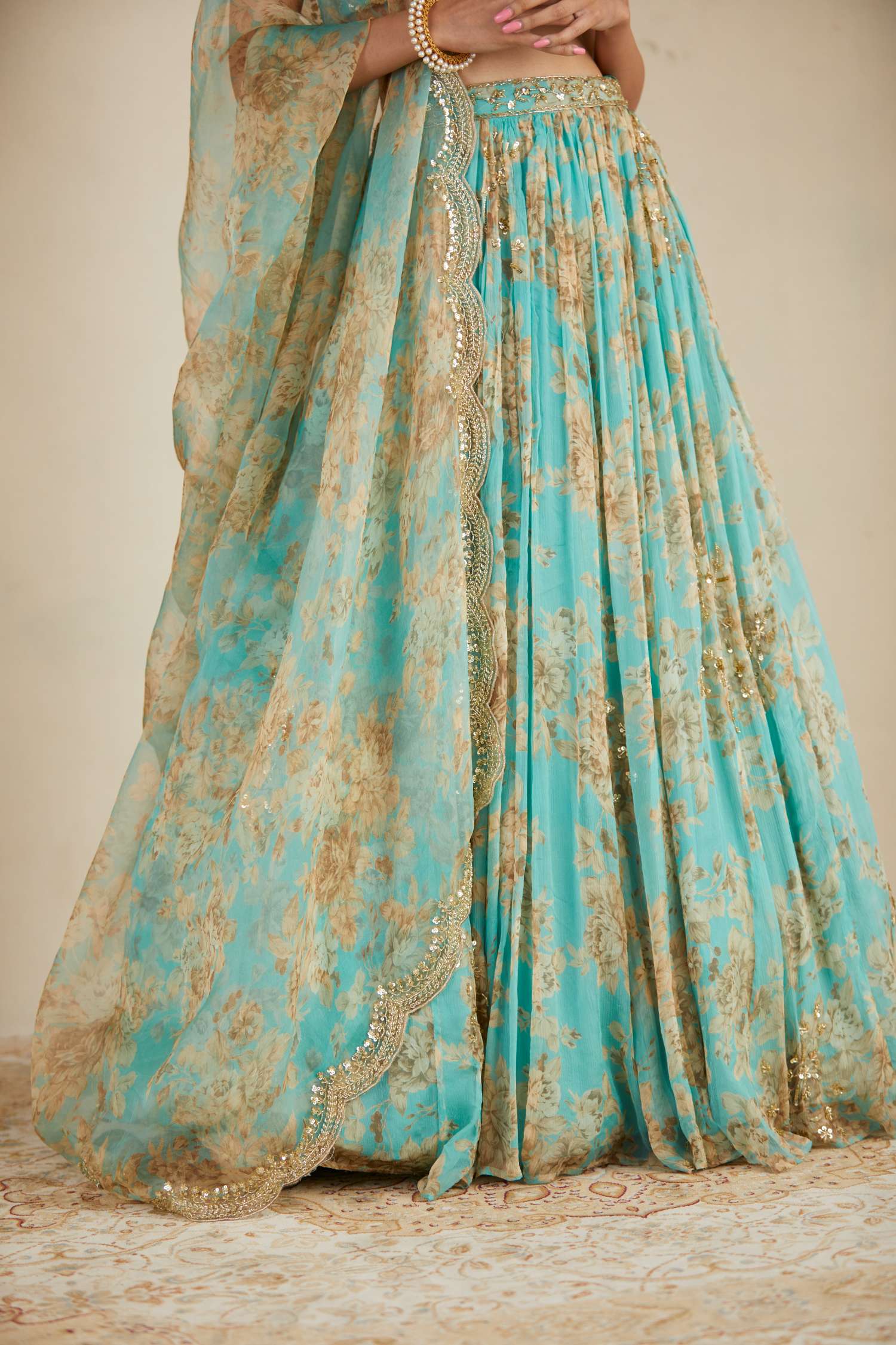 Mint Chiffon Floral Lehenga Set