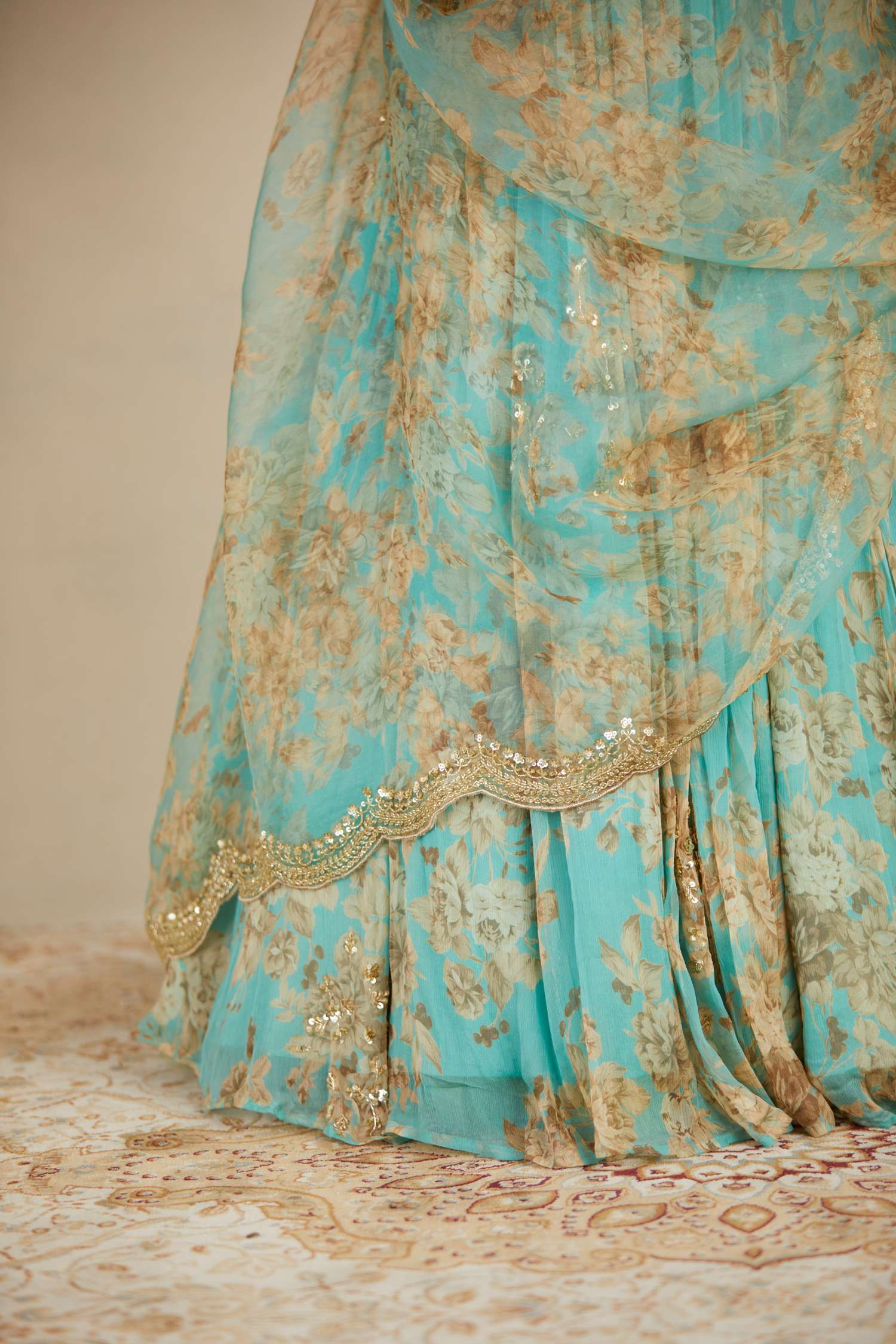 Mint Chiffon Floral Lehenga Set