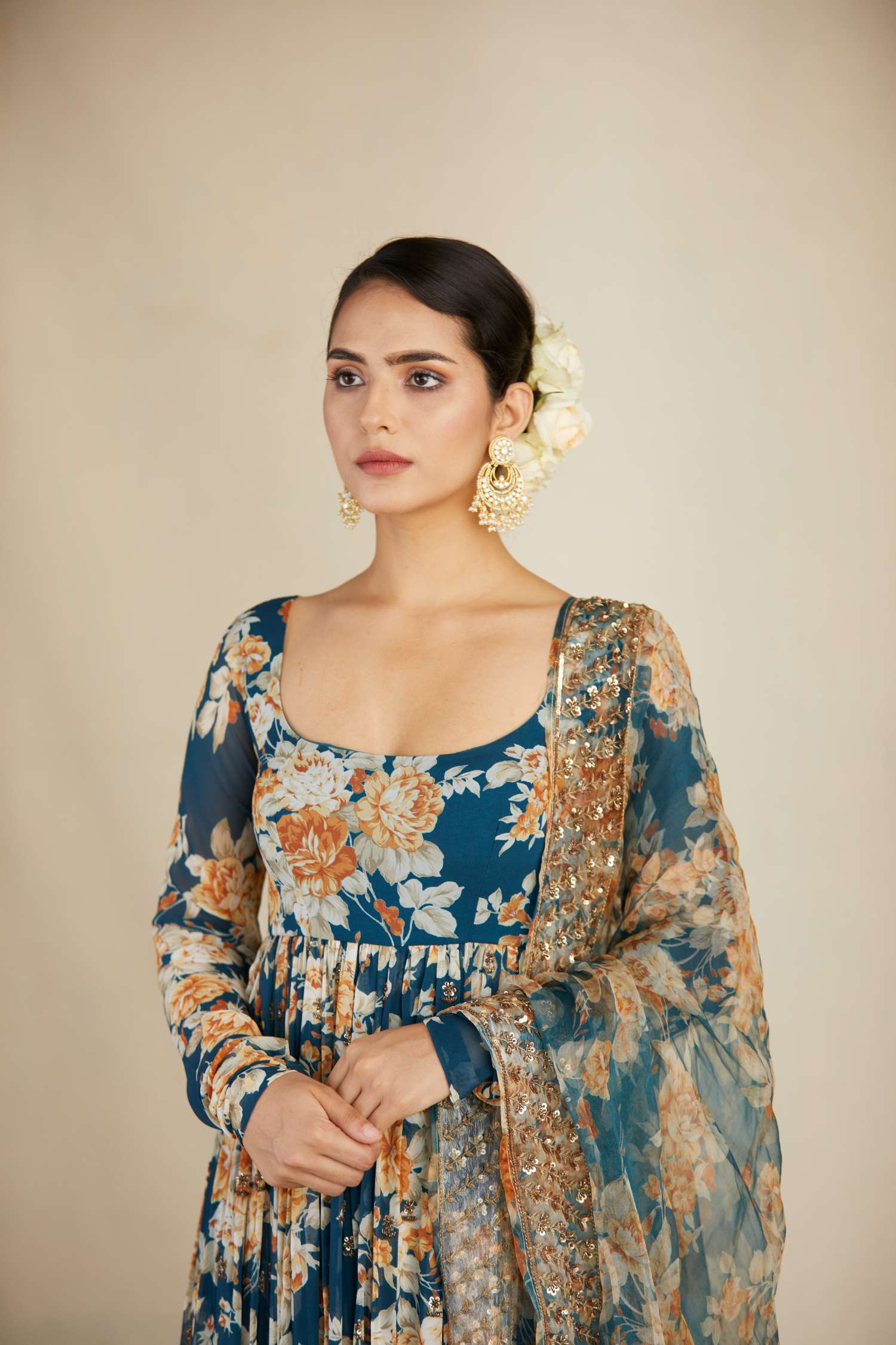 Teal Blue Georgette Floral Anarkali Set