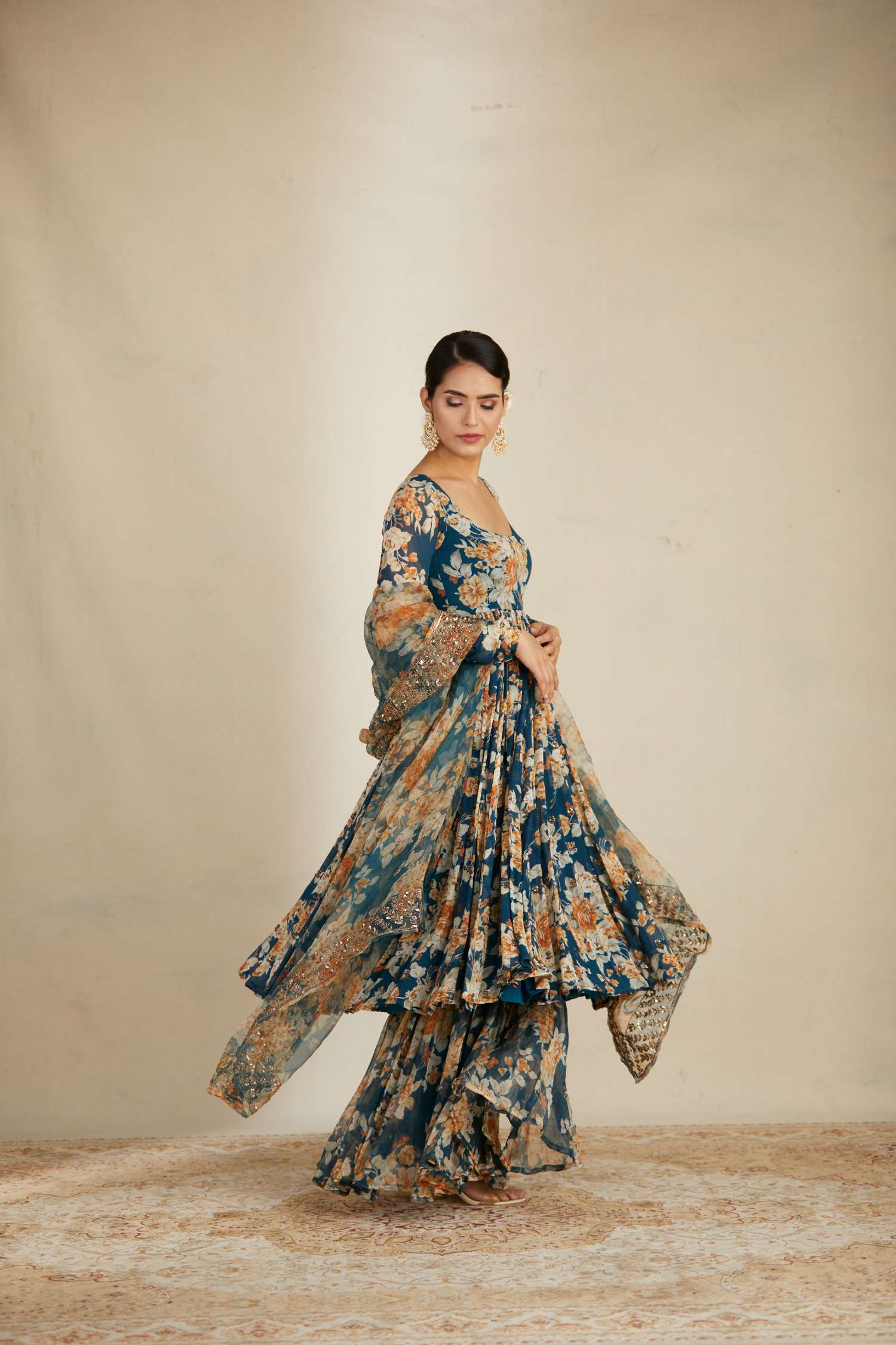 Teal Blue Georgette Floral Anarkali Set