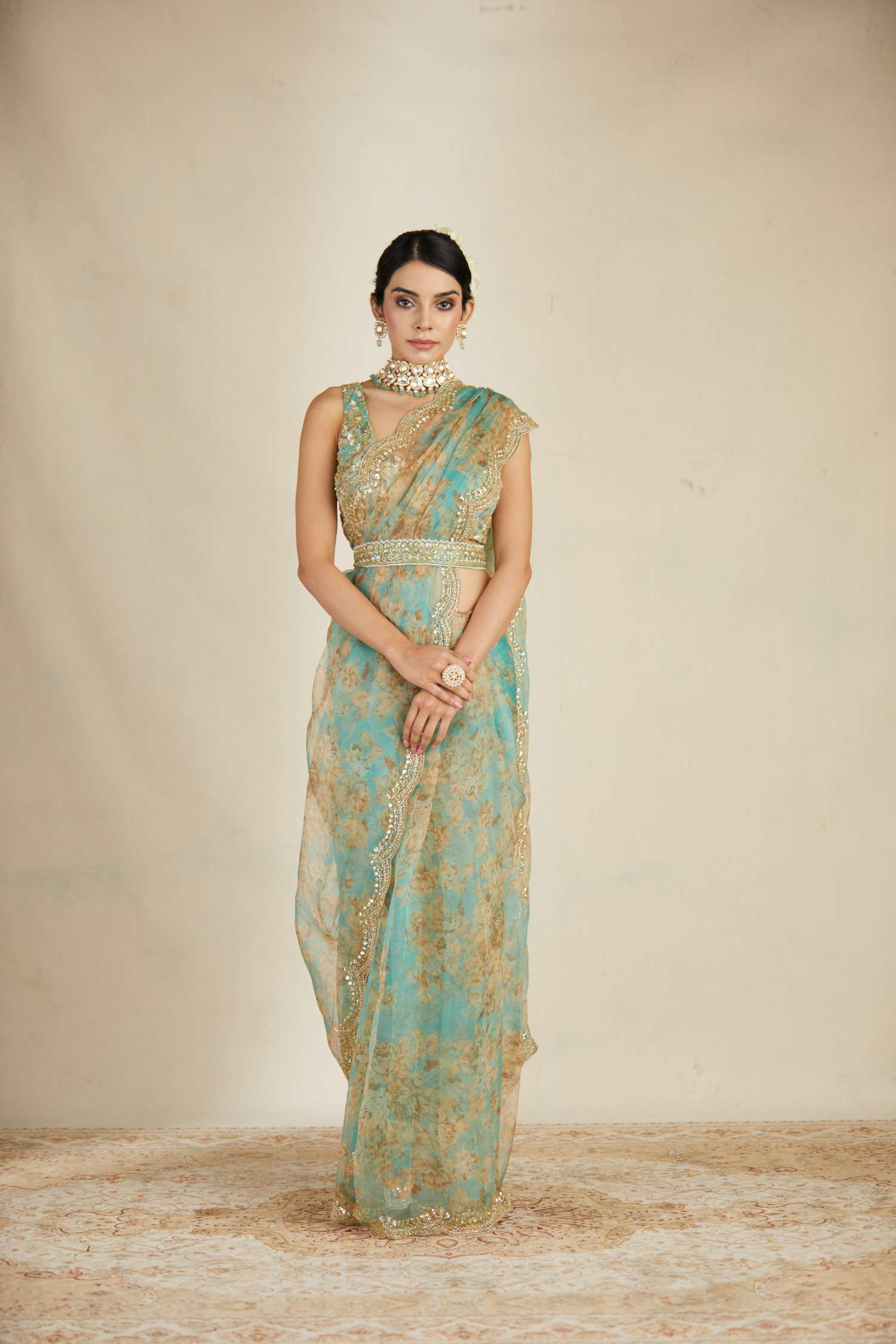 Mint Oganza Floral Saree Set